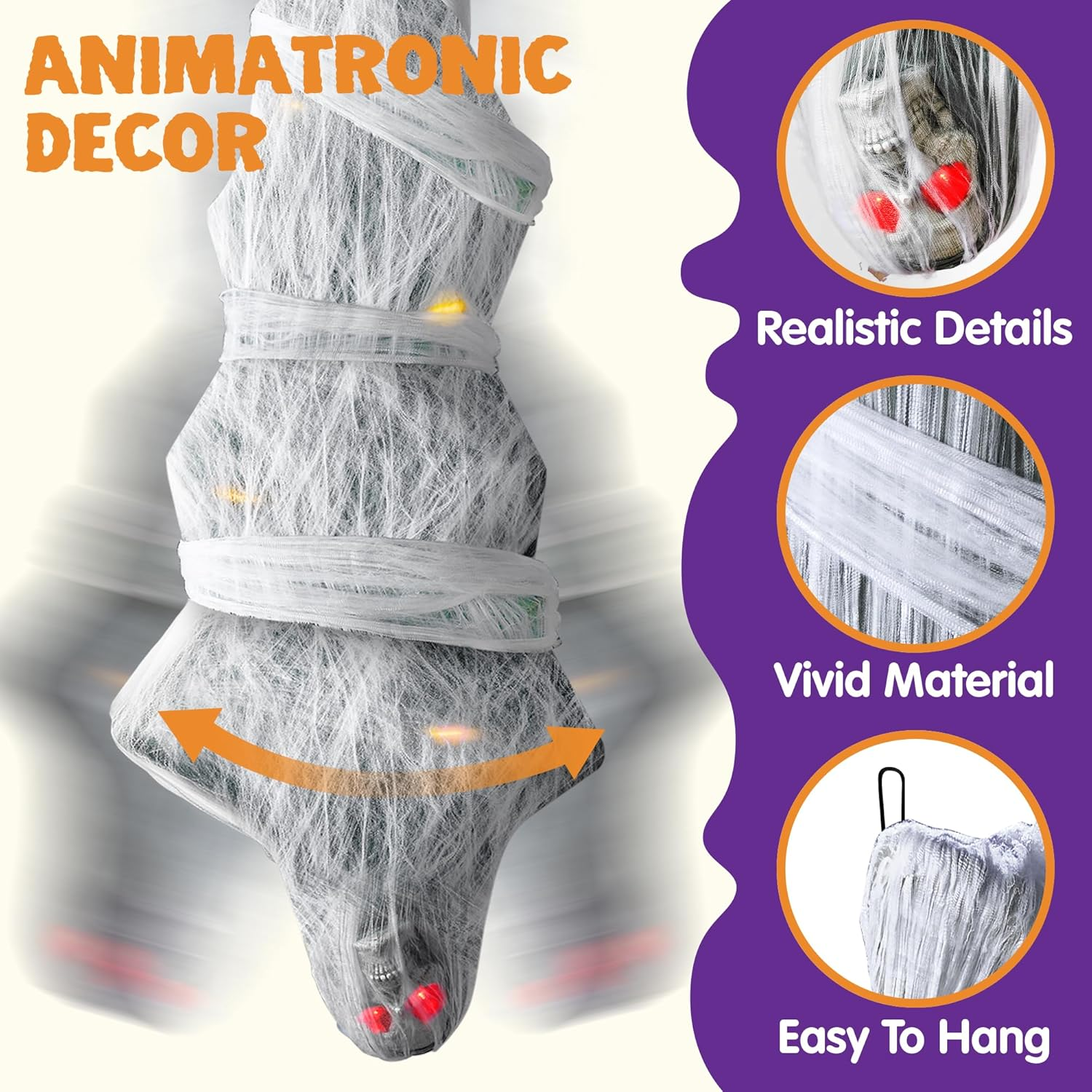 JOYIN 72" Halloween Decoration Hanging Cocoon Corpse Animated, Lighted Dead Body Prop for Halloween Indoor Decor, Life Size Skeleton Corpse Props for Haunted House, Scary Outdoor Hanging Decorations image number 2