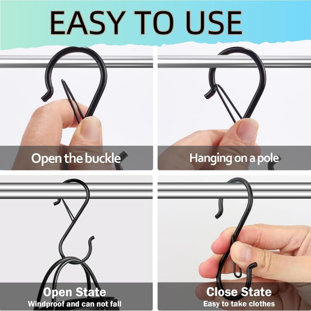 HIDOSNG 20Pcs S Hooks with Safety Buckle, 3.5 Inch Heavy Duty S Hooks for Kitchen, Bathroom, Courtyard - Hanging Plants, Clothes,Bathing Utensils, Bags (Black)