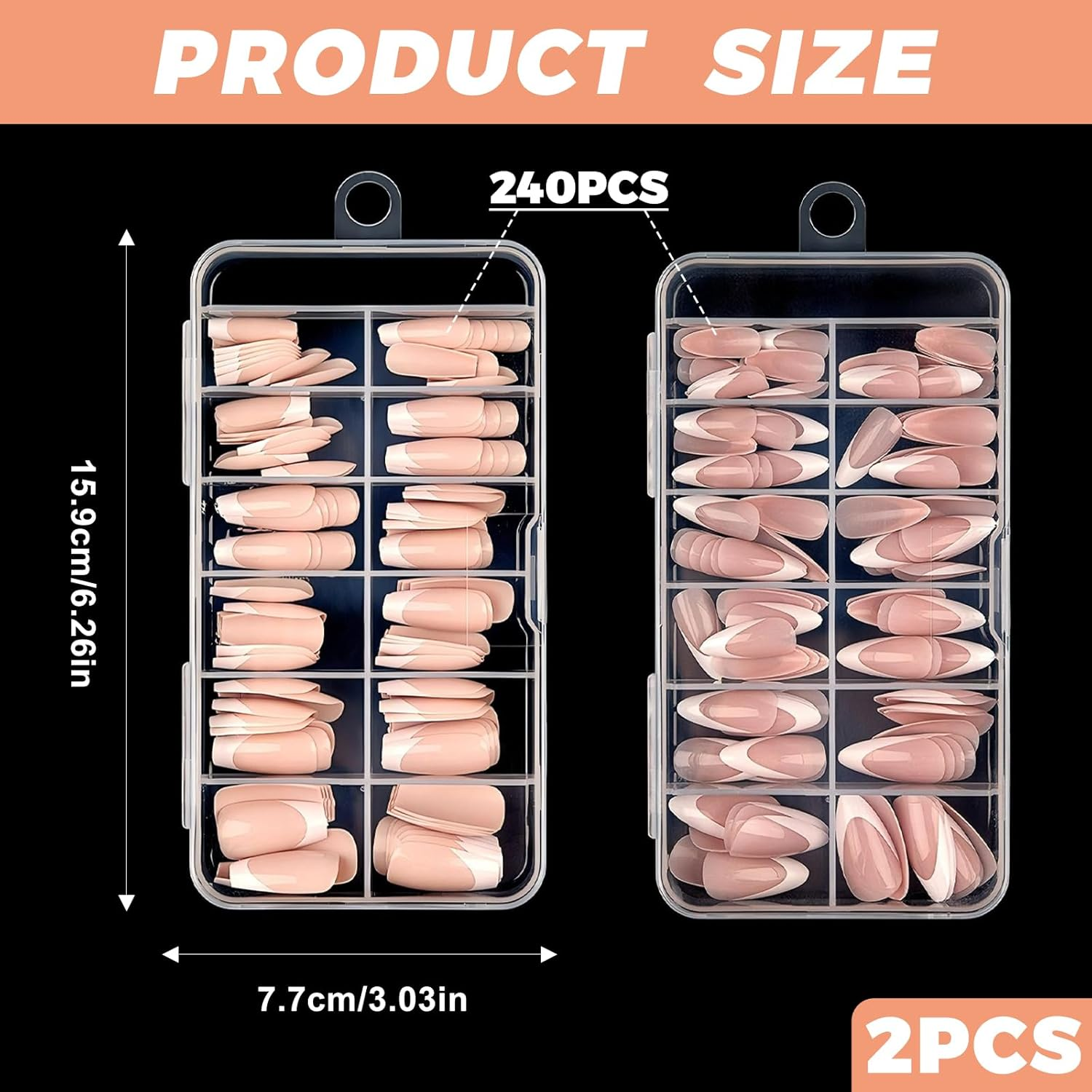 Homiliky 240 Pcs French Tip Press on Nails, Almond & Square Fake Nails Full Cover with White Tip, 12 Sizes Easy Apply Stick on Nails Kit for Women Daily Manicure