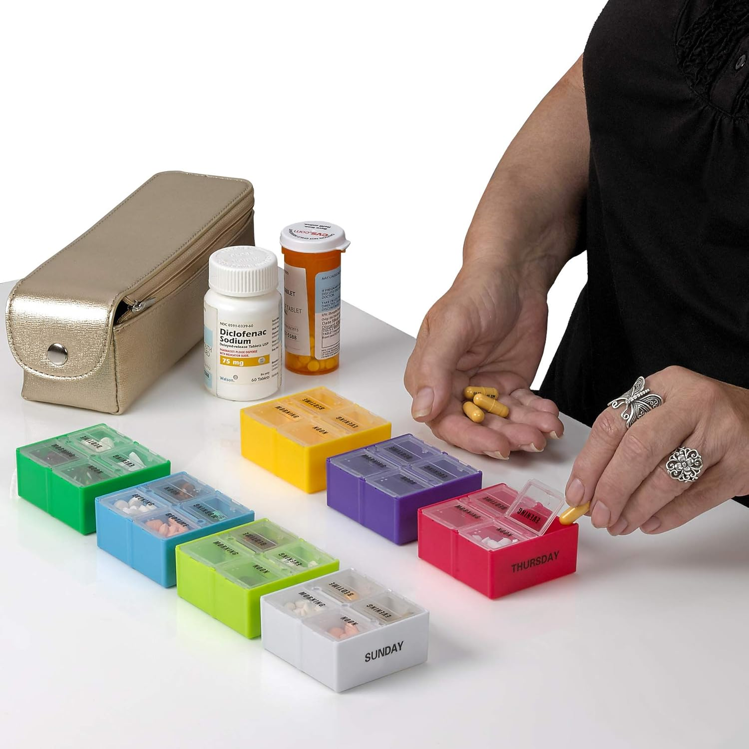 Large Weekly Pill Organizer Box in Gold Leather Case - 7 Day Week Pill Planner Organizers & Medication Reminder with 4 Times a Day - Daily Compartments That Is Ideal for Travel by Medca &hellip;