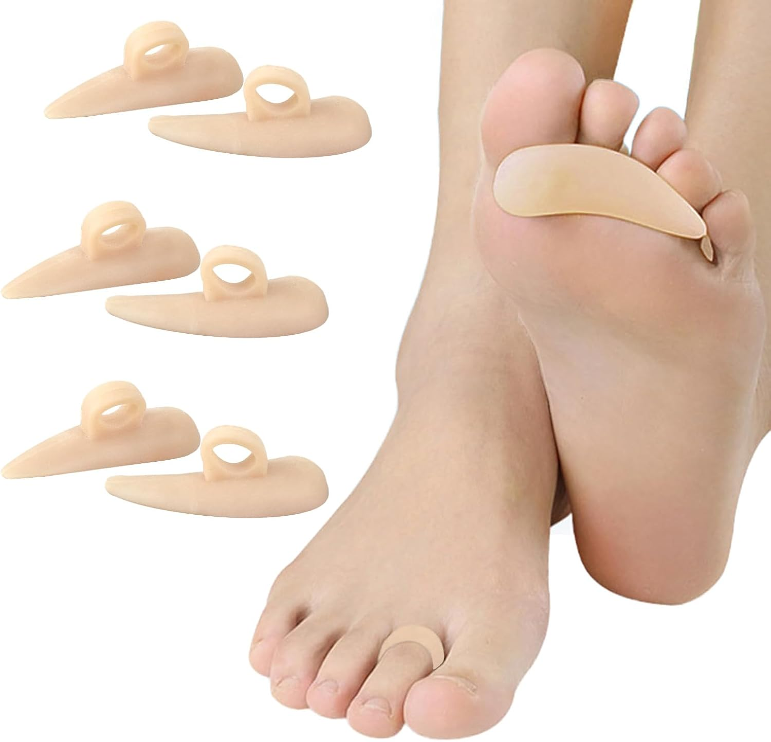 6 Pieces Hammer Toe Cushion & Toe Separators - Gel Pads Corrector & Straightener for Curled, Curved, Claw & Mallet Toe Relief - Right & Left Gel Support Crest Cushion with Toe Spacers (Beige) image number 5