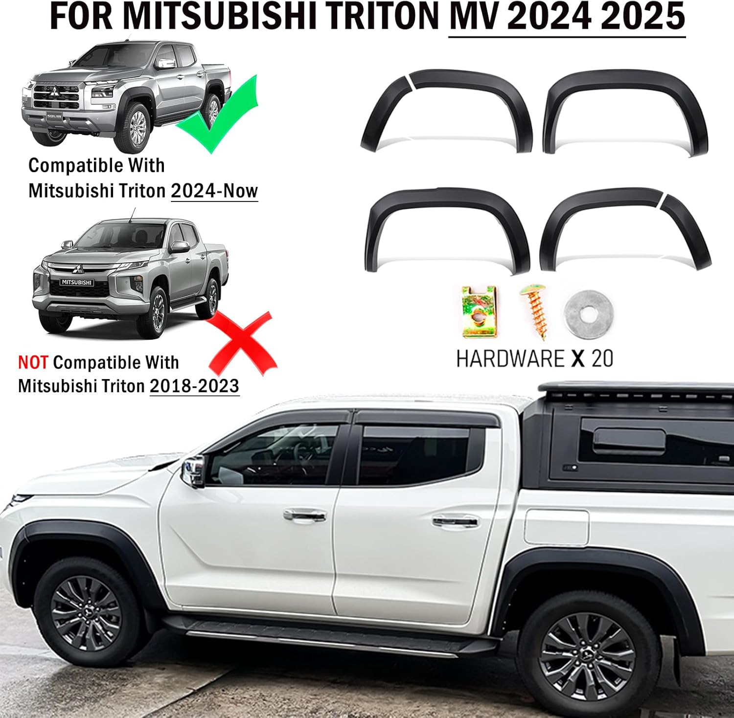For Mitsubishi Triton MV 2024 2025 Accessories Fender Flares Wheel Arches Guard Protector Cover 43MM Extra Wide Body Kit Wheel Brow, Matte Black 6Pcs/Set