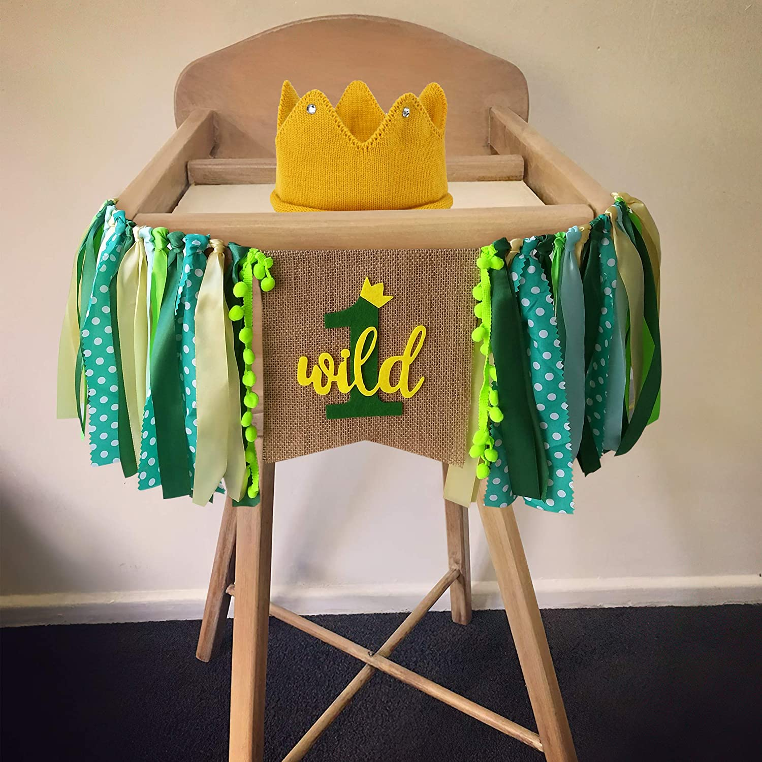 Goparty Wild One High Chair Banner Boy, 1St Birthday Highchair Banner with Crown, Fabric Jungle Safari Theme First Birthday Party Decorations