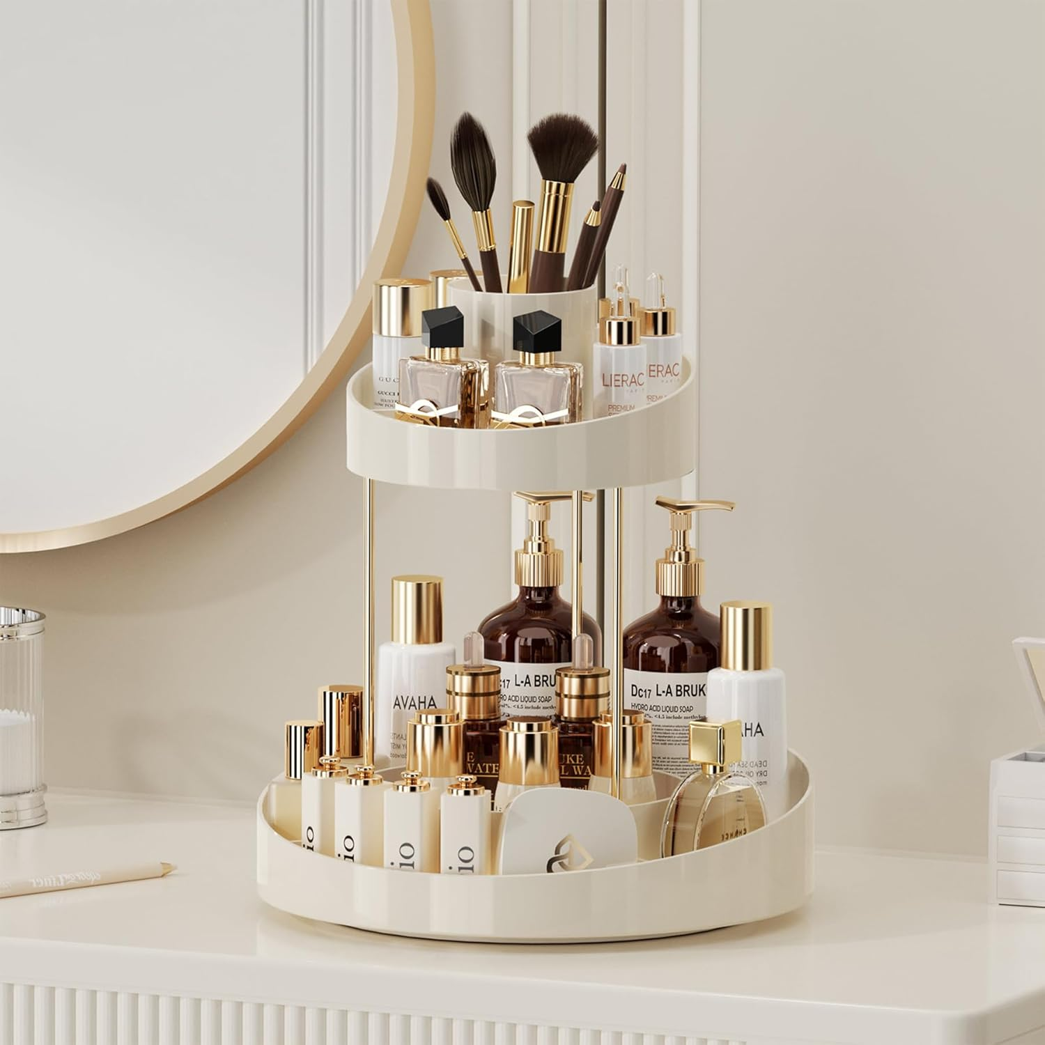 Baoswi 360&deg; Rotating Makeup Organiser, 2 Tiers Perfume Organiser, Skincare Cosmetic Organiser, Dressing Table Organiser for Lipsticks, Makeup Brushes, Lotion, Perfume, Cosmetic (Beige) image number 1