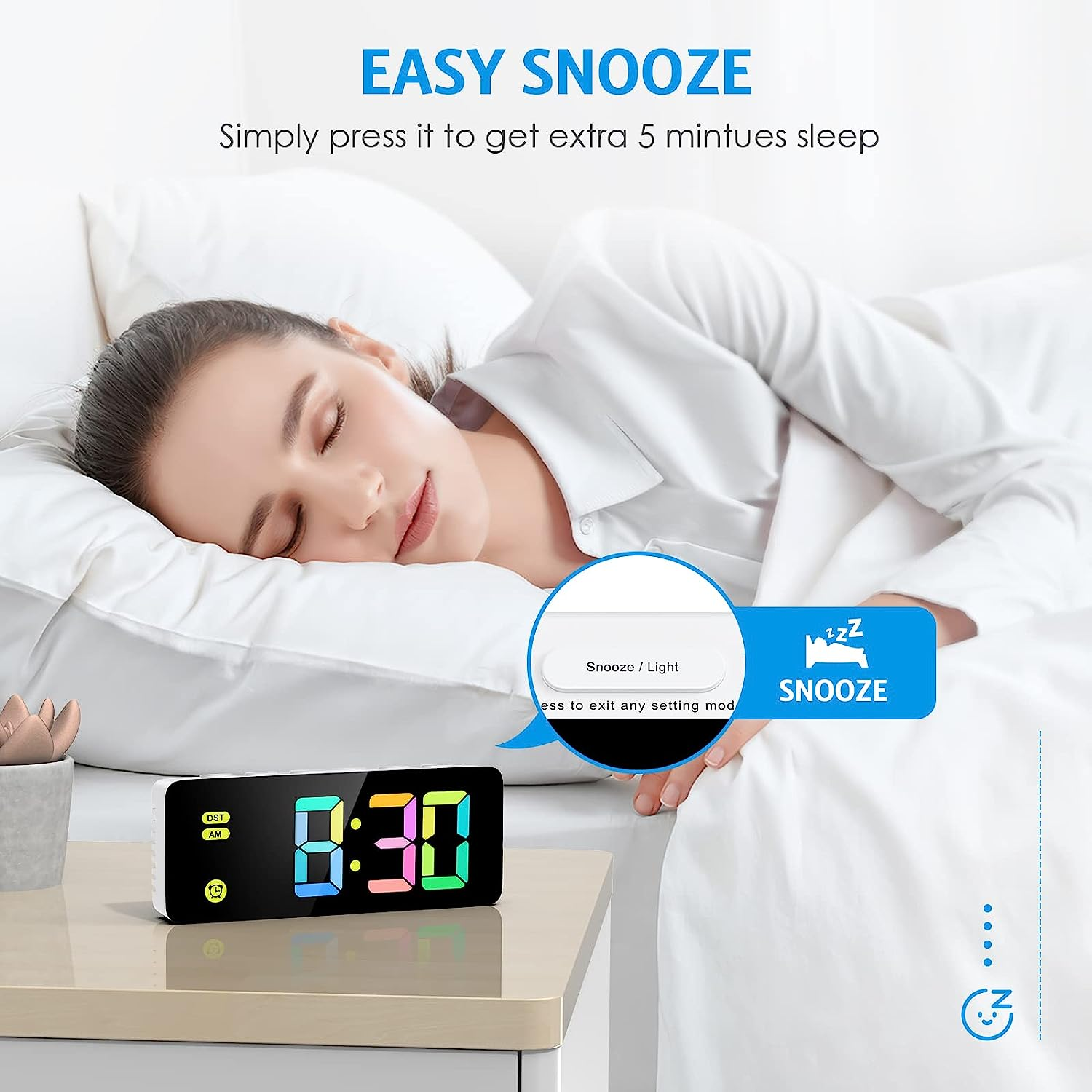 AMIR Digital Alarm Clock, Colorful LED Digital Clock with 7 RGB Digital, 4 Dimmable Backlight, 3 Adjustable Volumes, Snooze, 12/24Hr, USB Power Kids Clock for Heavy Sleepers Kids - Colorful image number 6
