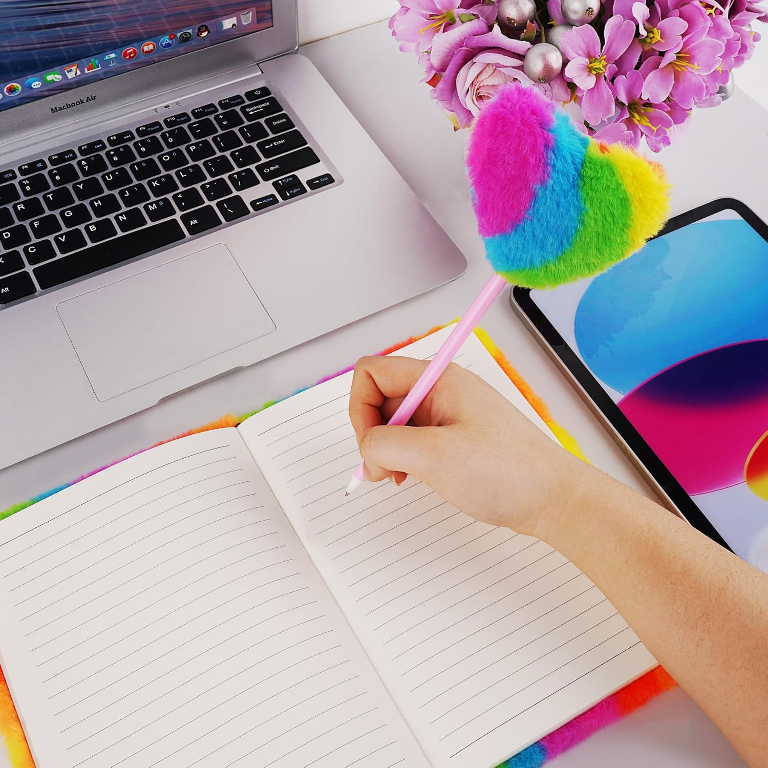 Biiange Plush Notebook, Fluffy Notebook Set, Rainbow Plush Notebooks Diary, for Girls Teens Fuzzy Journal Writing Pad A5 Lined 160 Pages (1Set, Vertical Rainbow) image number 5