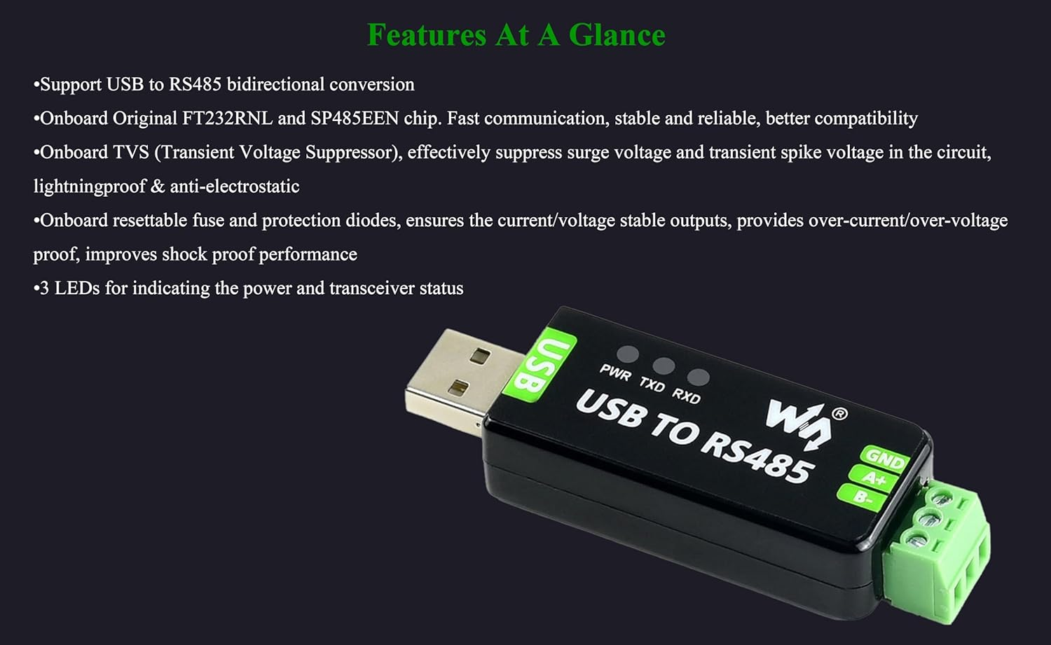 Industrial USB to RS485 Converter Bidirectional Adapter Board, with Original FT232RNL and SP485EEN Chip, up to 1.2Km Transmission Distance, Support Mac/Linux/Android/Wince/ Win11/10/8.1/8/7/Xp, Etc. image number 2