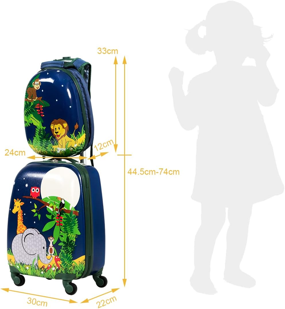 Giantex 2Pc 12"+16"/18" Kids Carry on Luggage Set Travel Trolley Travel Suitcase Set (Jungle) image number 3