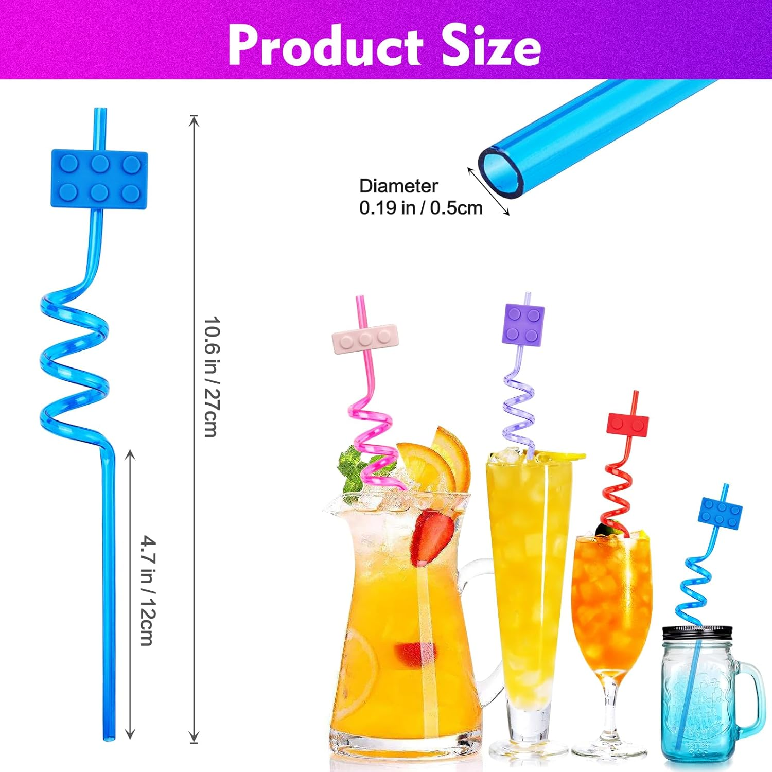 24 Pcs Building Blocks Party Favors Drinking Straws, 8 Colors Reusable Straws for Kids Adults Birthday Party Decoration Supplies with 2 Pcs Straws Cleaning Brush image number 5