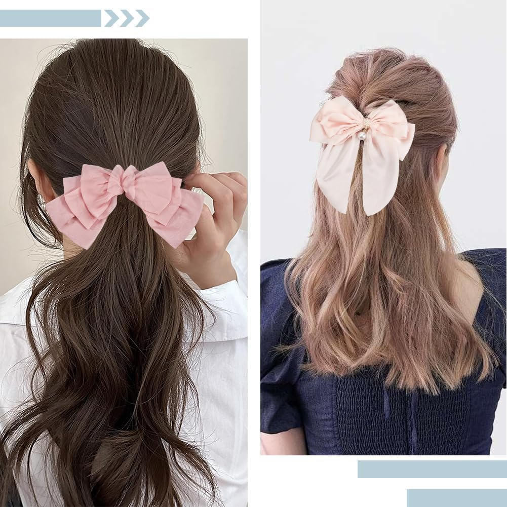 SOFPLATE Pack of 4 Large Hair Clips with Satin Bow, Coquette Hair Bow, Oversized Satin Hair Clip, Pink White Silky Ribbon, Hair Accessories, Large Bows Hair Clips for Women, Bridal, Wedding, Party image number 3
