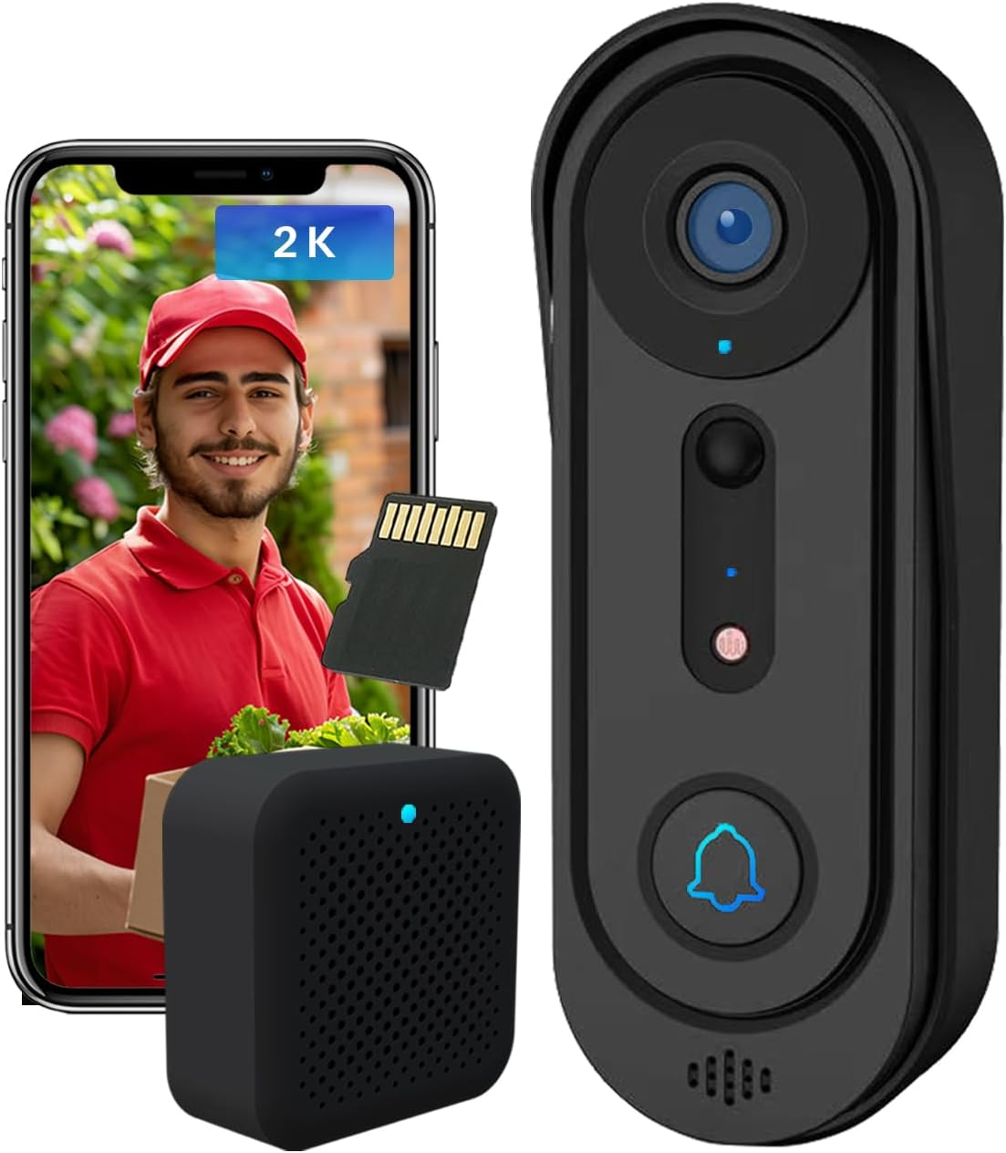 Wireless 2K Video Doorbell Camera Indoor/Outdoor, 2.4Ghz Wifi Video Doorbell Camera with 32GB Micro SD Card, Night Vision Door Camera with Human Detection, Two-Way Audio, Mulit-User Use, Indoor Chime