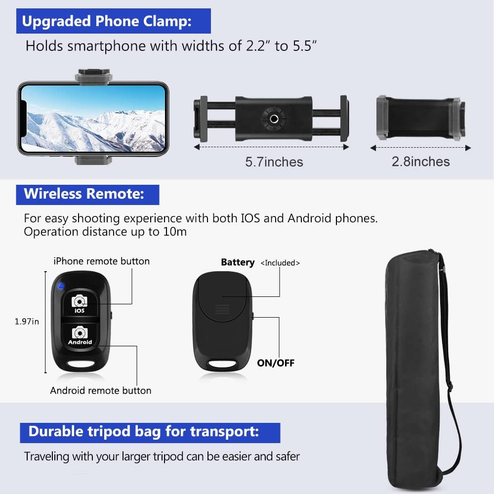 Aureday 74&rsquo;&rsquo; Camera Tripod with Travel Bag,Cell Phone Tripod with Wireless Remote and Phone Holder, Compatible with DSLR Cameras,Cell Phones,Projector,Webcam,Spotting Scopes(Black)