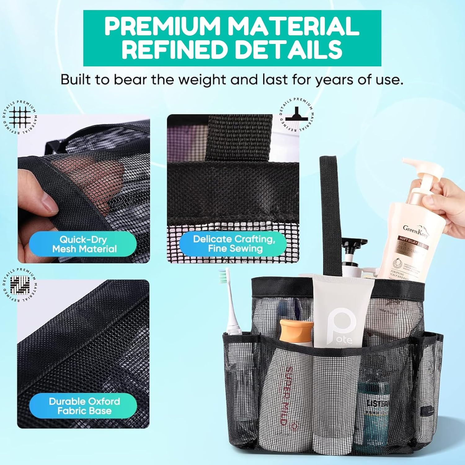 RIKONDA Heavy-Duty Mesh Shower Organizer with Reinforced Base, 8 Compartments for Travel, Gym & Dorm Essentials | 15X15X2Cm | 100G image number 1