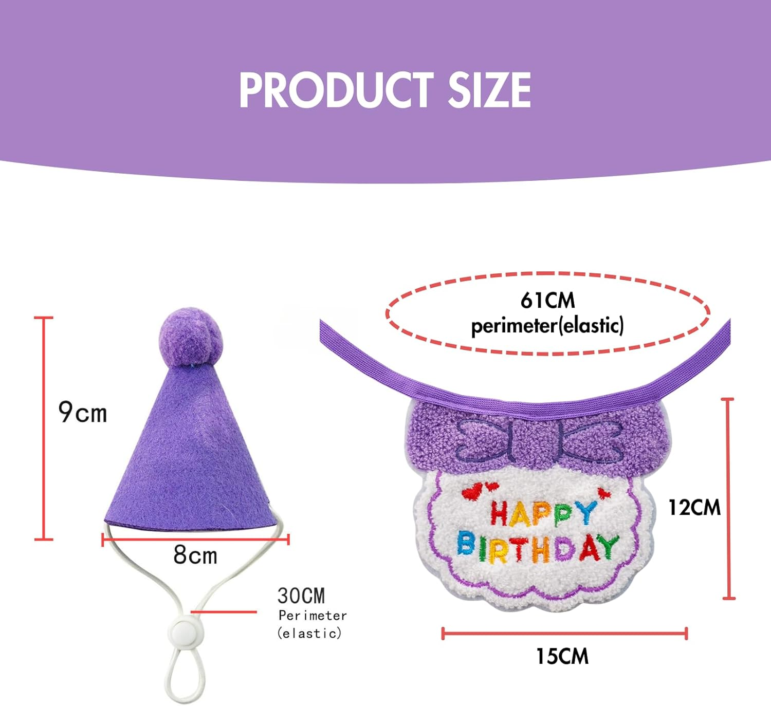 Cat Birthday Bandana and Hat Set, Adorable Pet Party Outfit, Adjustable and Comfortable, Happy Birthday Design, for Cats and Small Dogs (Purple)