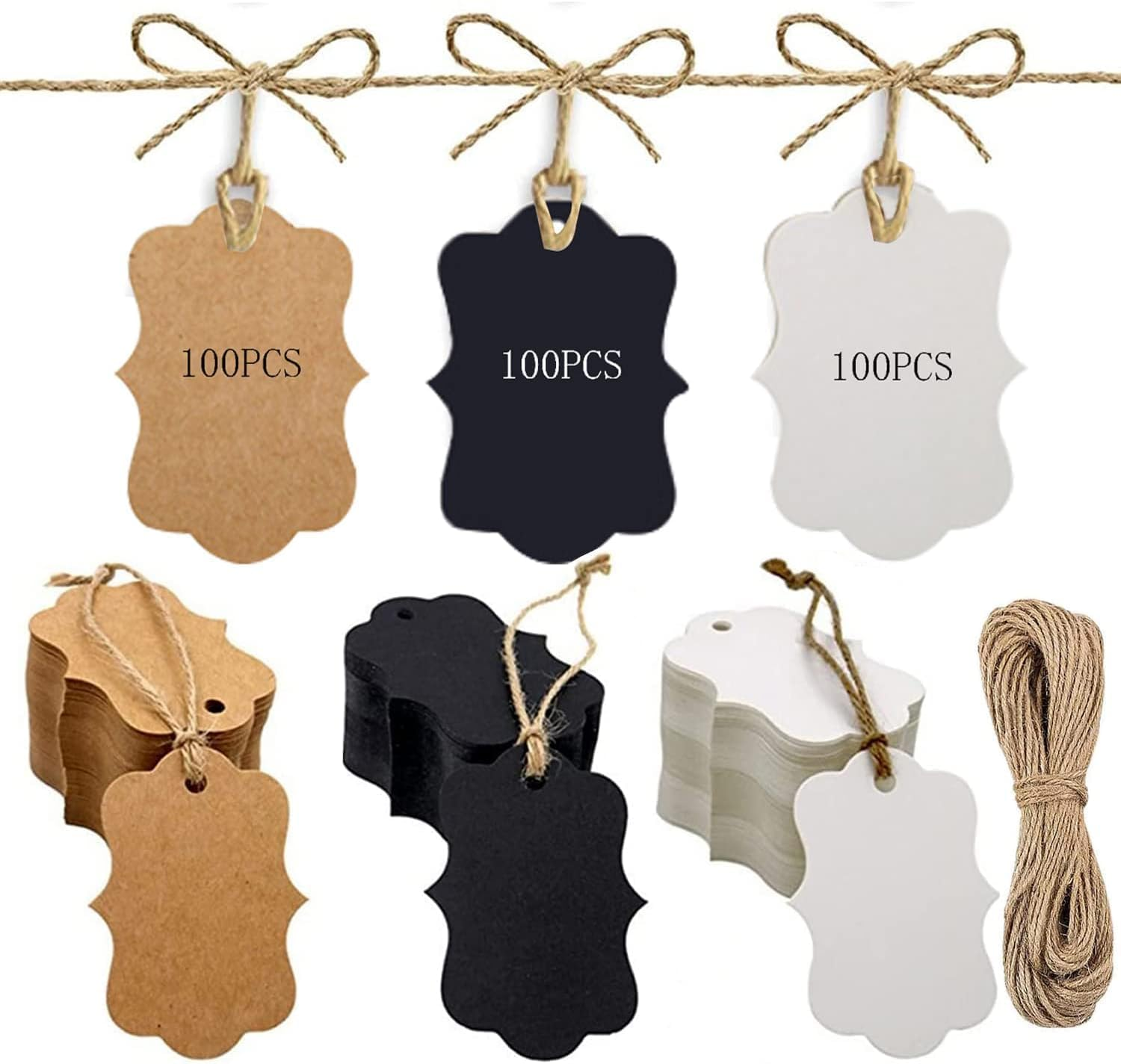 LYSAIMG 300Pcs Kraft Paper Tags,2Inch*1.2Inch Three Colors Kraft Paper Gift Price Tags for Christmas Valentine'S Day Wedding Party Favor Gift Tags, with Three 20 Meters Natural Jute Thread image number 3