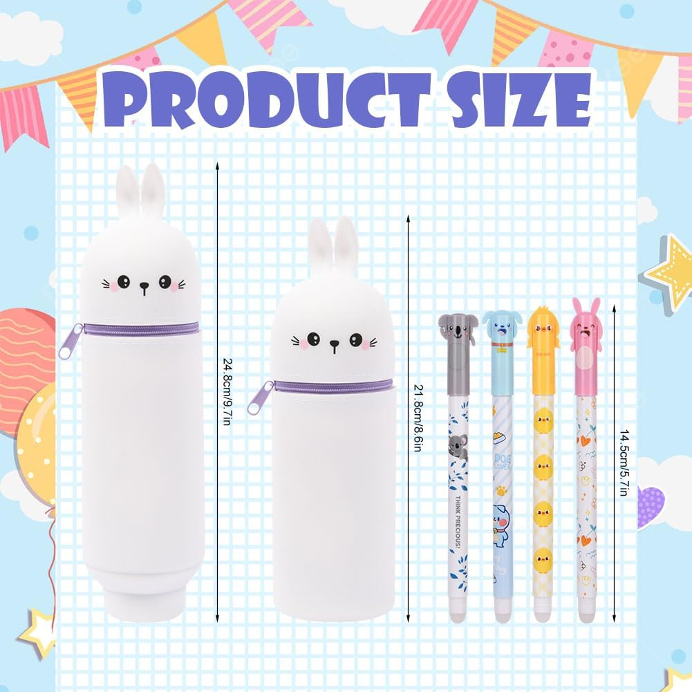 OFFCUP 2 in 1 Soft Silicone Pencil Case, Filled Pencil Case with 4Pcs Erasable Gel Pens, Kawaii Rabbit Zipper Pen Holder, Pen Pouch for Office Home or School Back to School - Chicken image number 6