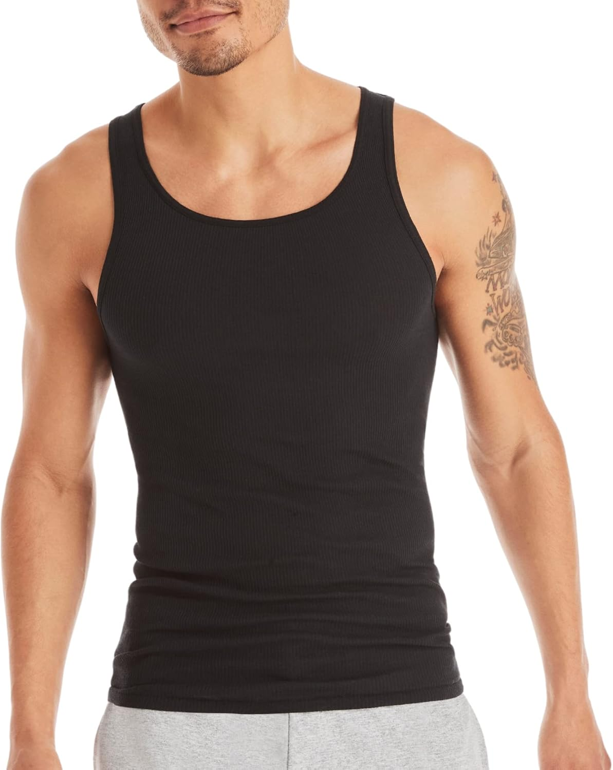 Hanes Men'S Cotton Tank Undershirts Pack, Moisture-Wicking Ribbed Tanks, Lightweight Cotton Tank Undershirts, 6-Pack, Black/Grey Assorted - 6 Pack, Medium image number 4