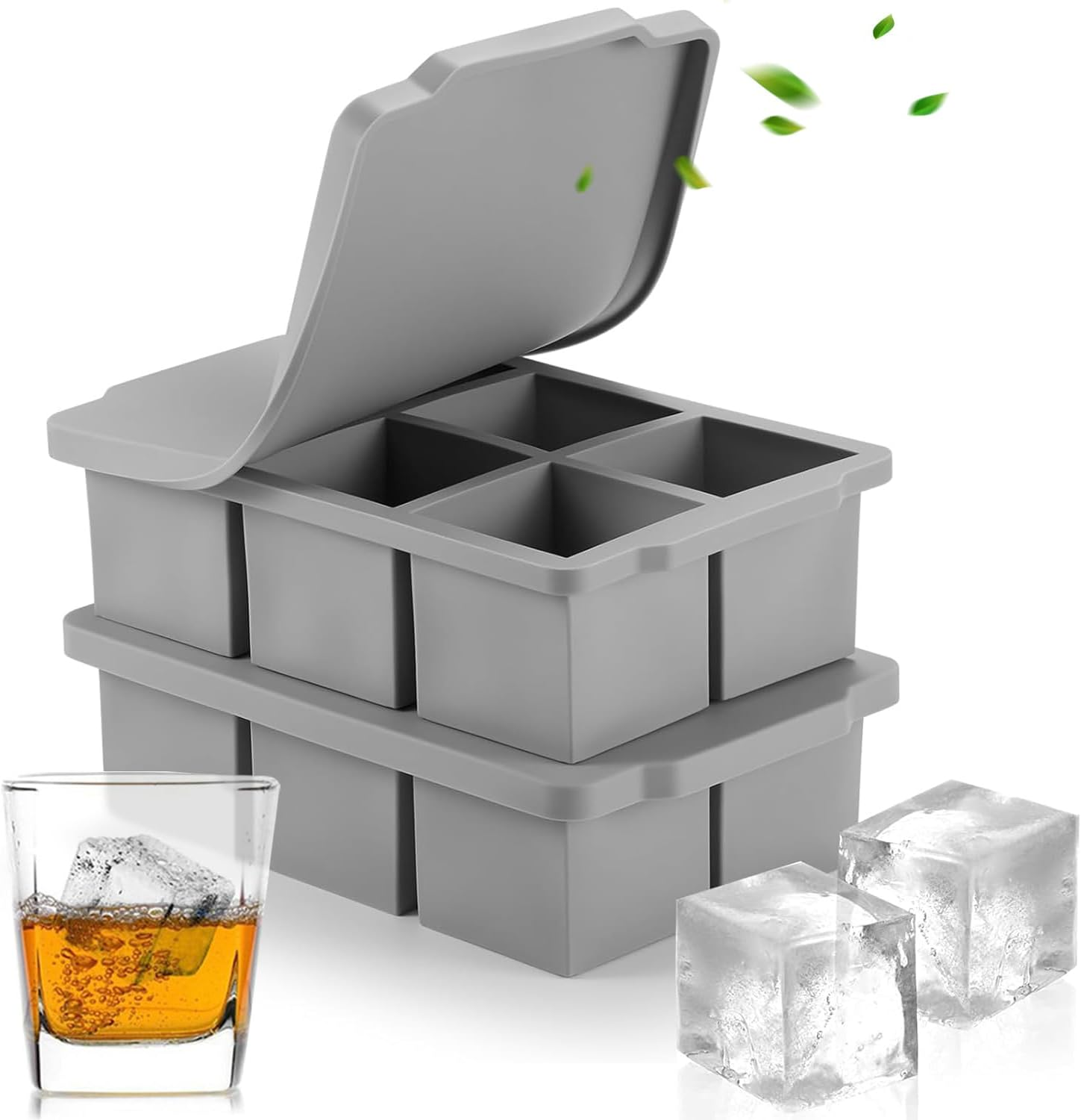 Large Ice Cube Tray with Lid - Stackable Silicone Square Ice Molds for Chilled Treats, No BPA, Ideal for Freezing Soups & Snacks (1, Grey, Square)