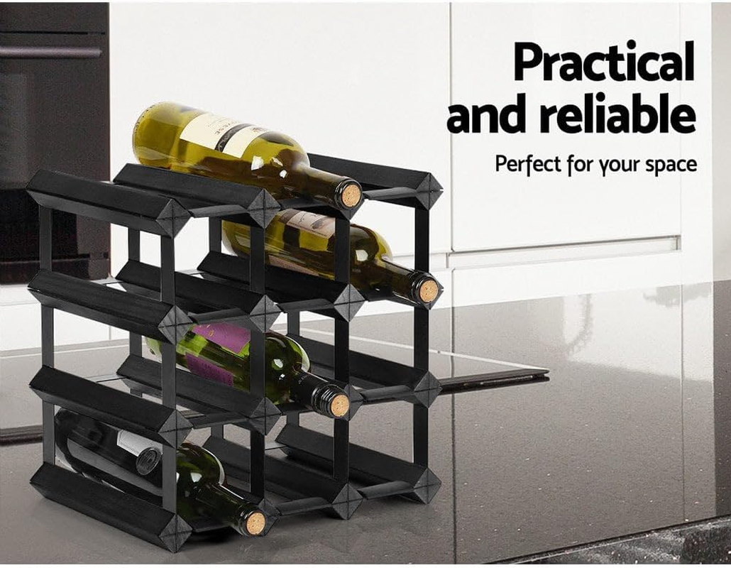Artiss 4 Tier 12 Bottle Wine Rack, Wooden Timber Wines Bottles Storage Racks Holder Freestanding Display Organiser for Kitchen Cellar Bar, Stackable Modular Pine Wood 32 X 32 X 23.5Cm Black image number 5