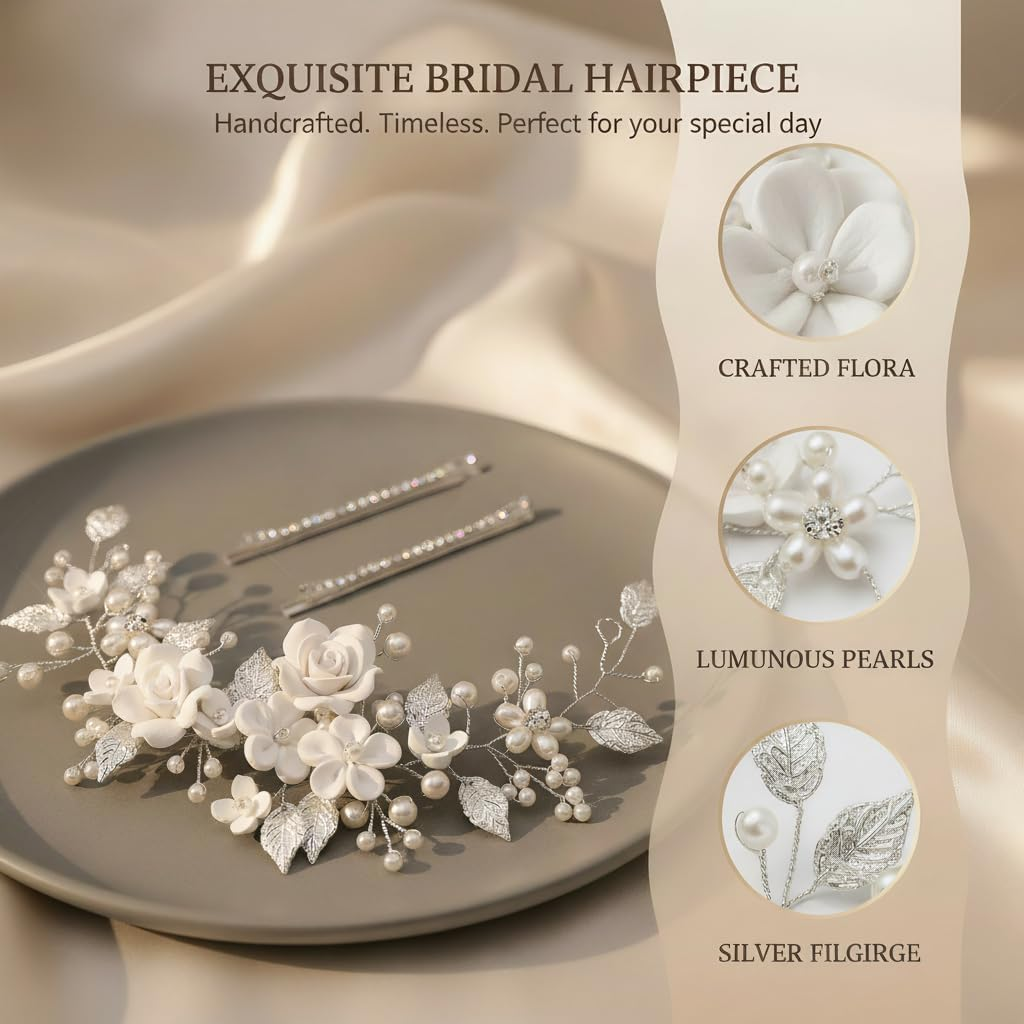 Flower Bridal Wedding Hair Vine Pearl Headband, Crystal Headband, Flower Leaf Headpiece, Pearl Hair Accessories, Hair Accessories for Women and Girls image number 3