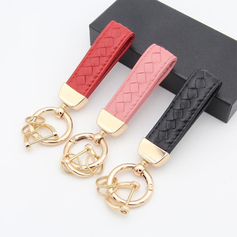 Leather Car Keychain, 360&deg; Rotatable Handmade Knit Keychain, Key Fob Holder with Anti-Lost D-Ring image number 4