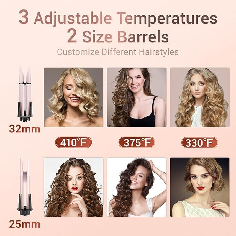 Automatic Curling Iron, Hair Waver with Anti-Tangle & Auto-Off, Hair Curler Replaceable Curling Wand with 2 Sizes Barrel (1", 1.25") & 3 Temps, Double Voltage Rotating Curling Iron (Pink, Medium) image number 4