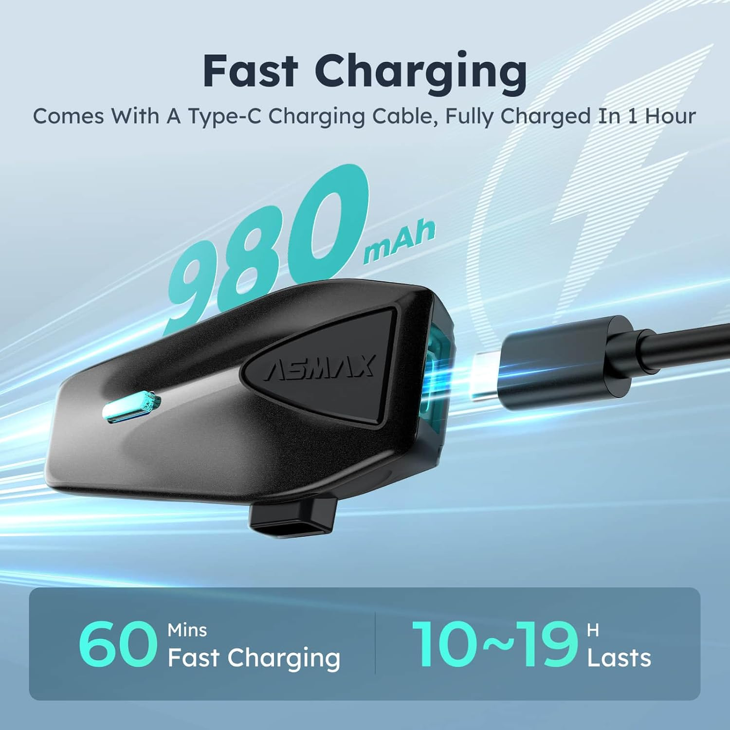 ASMAX S1 Motorcycle Bluetooth Headset, 8 Riders Mesh Helmet Communication Systems with FM Radio, AI Voice Control Motorcycle Intercom, 60 Min Fast Charging, Auto Volume Control for ATV, Single Pack image number 2