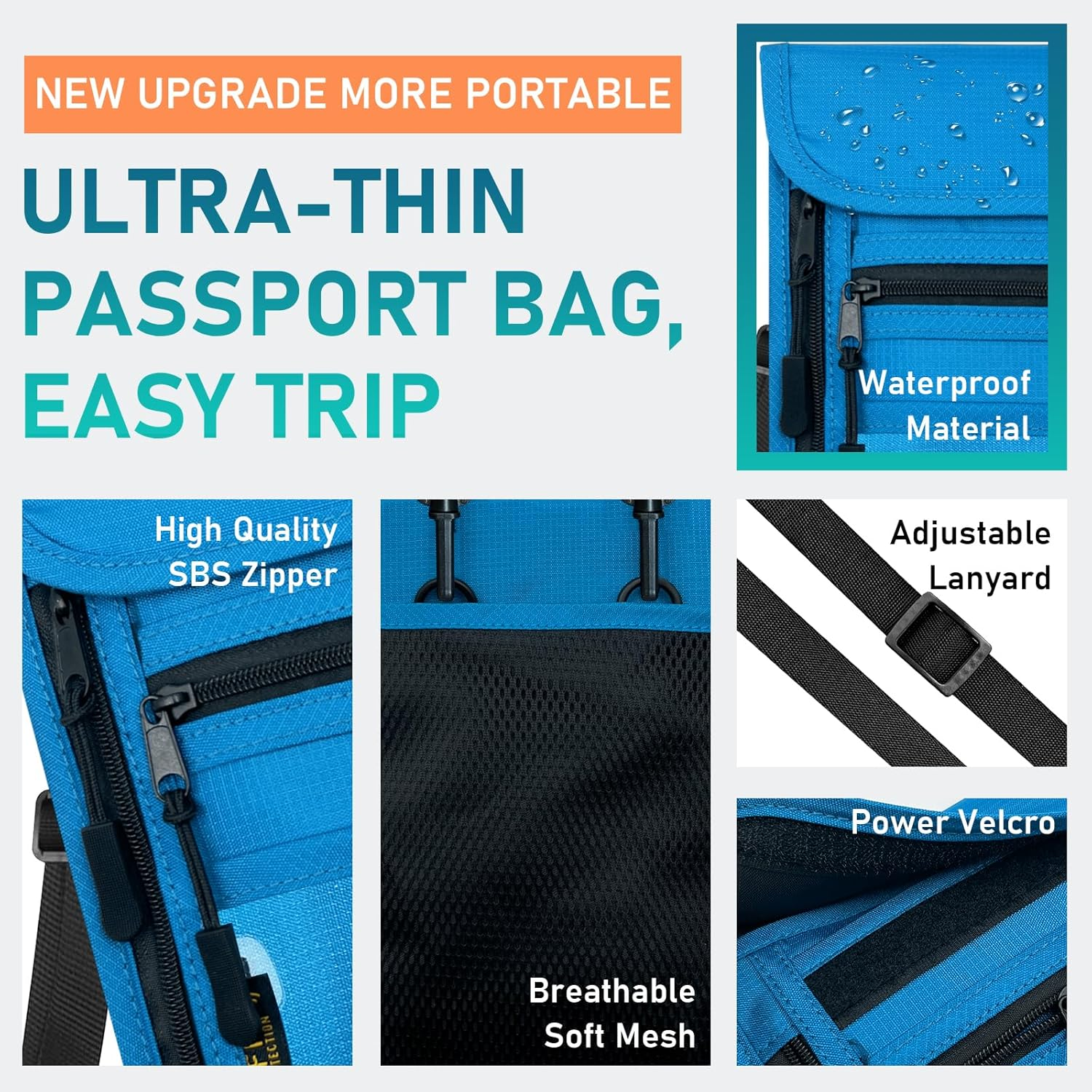 Sundee Travel Neck Wallet with Double Zippers, RFID Blocking Passport Holder with Adjustable Neck Strap for Men and Women to Keep Cash, Credit Cards and Travel Documents Safe, Lake Blue, S, Classic - Black image number 2