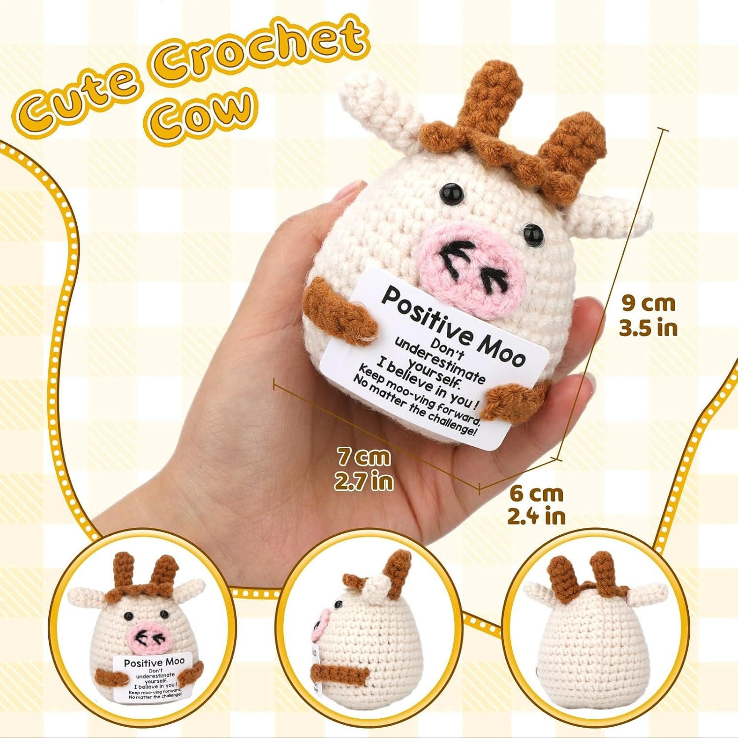 ZCOINS Emotional Support Positive Crochet Cow, Small Positive Crochet Plush Cow Gift, Mini Motivational Plush Animal with Encouraging Message for Friend Birthday, Samll Inspirational Funny Desk Decor image number 2