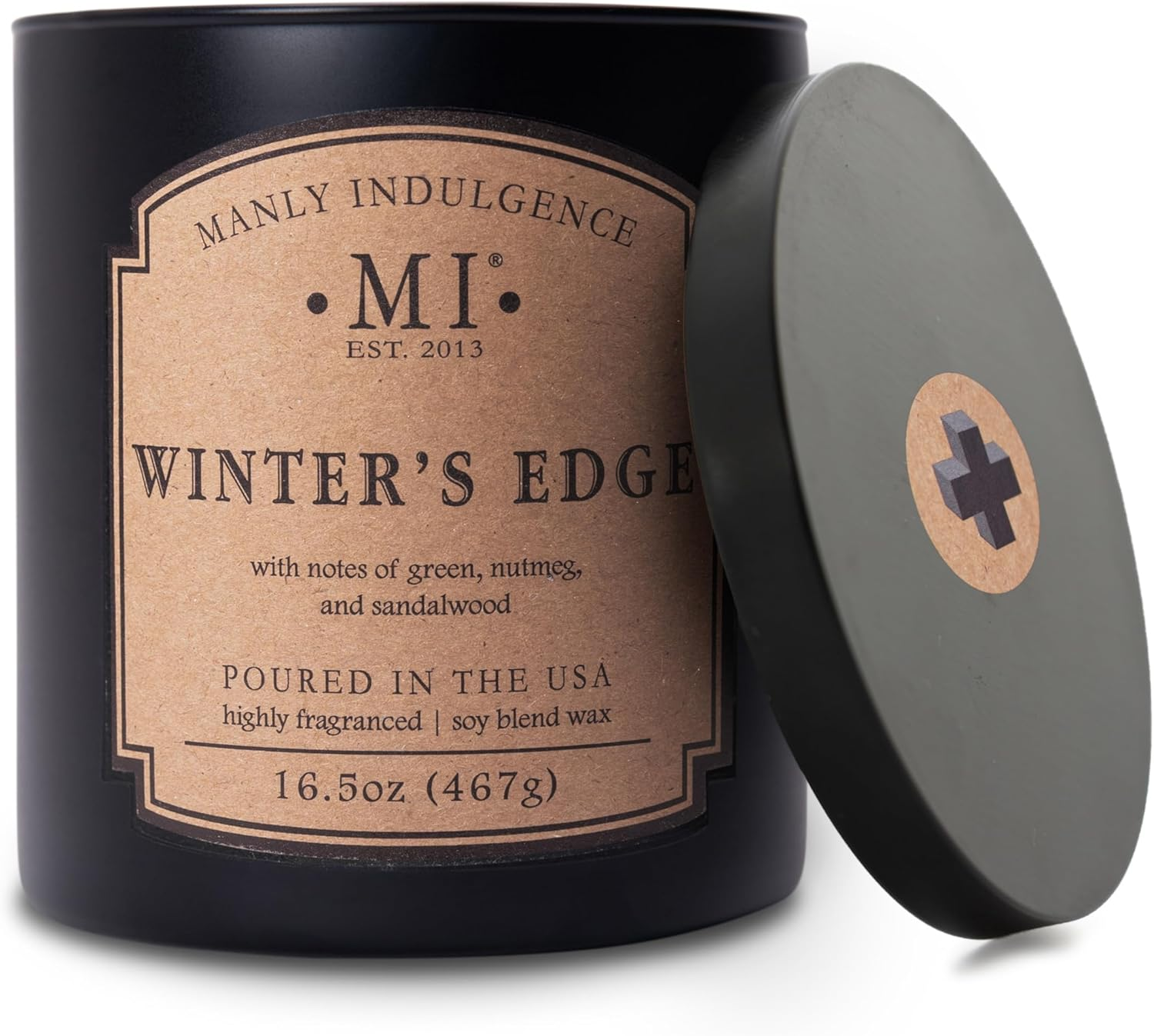Manly Indulgence Winters Edge Scented Candle for Men 16.5 Oz | 2 Wick & 2X Intense Fragrance | Nutmeg & Sandalwood | up to 60 Hour Burn, Soy Blend Wax, USA Poured - Classic+ Collection