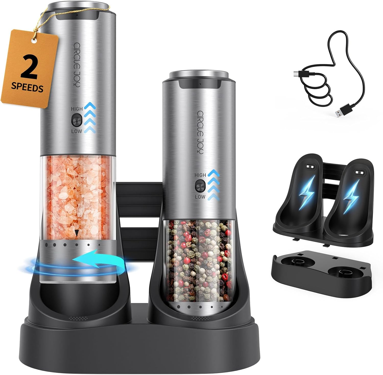 CIRCLE JOY Salt and Pepper Grinder Set Electric Rechargeable Speed Control Pepper Mill Set with Portable Dual Charging Station, External Adjustable Coarseness, 95ML Spice Container image number 6