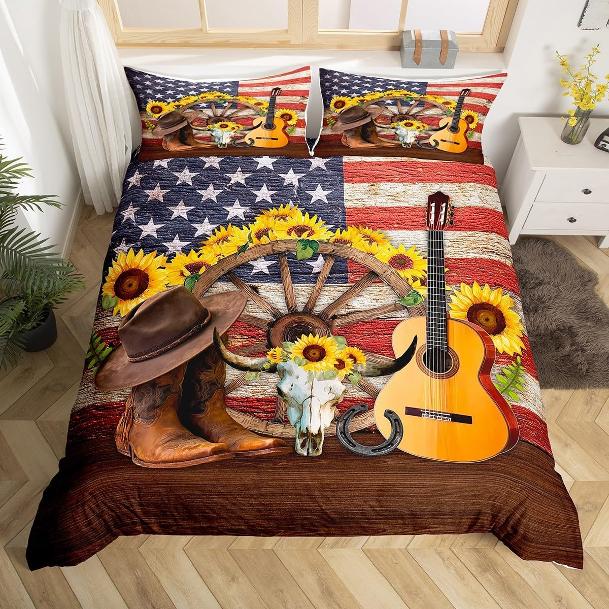 Western Cowboy Kids Duvet Cover Set Queen Size,Cow Skull Horseshoes Sunflowers Bedding Set,Boys Girls Adults Room Decor,American Flag Retro Comforter Cover,Rustic Farmhouse Quilt Cover,2 Pillowcases image number 2