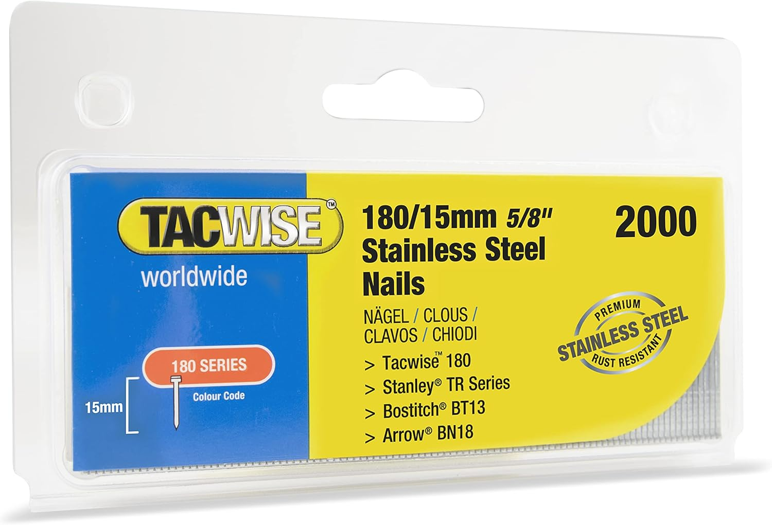 TACWISE 1509 Type 180/15 Mm Stainless Steel 18G Brad Nails, Pack of 2,000, Silver image number 1
