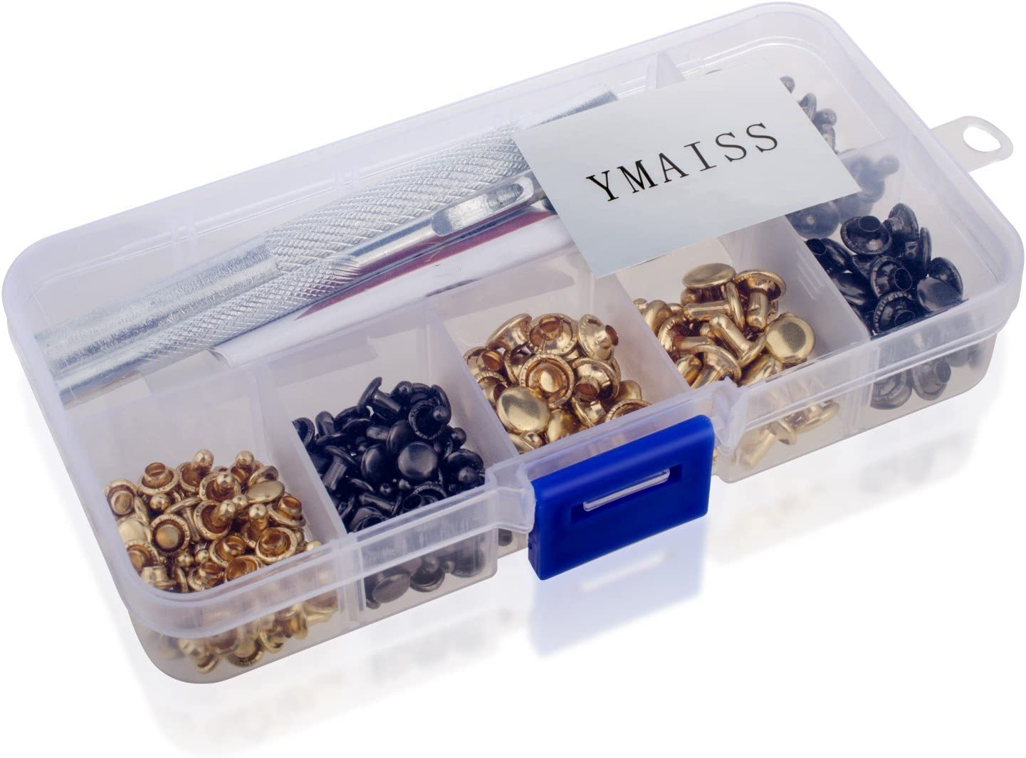 YMAISS 120 Sets Leather Rivets Double Cap Rivets with Fixing Tool Kit for Leather Craft Repairing Decoration, 2 Color 2 Size, Gunmetal Black and Gold image number 5
