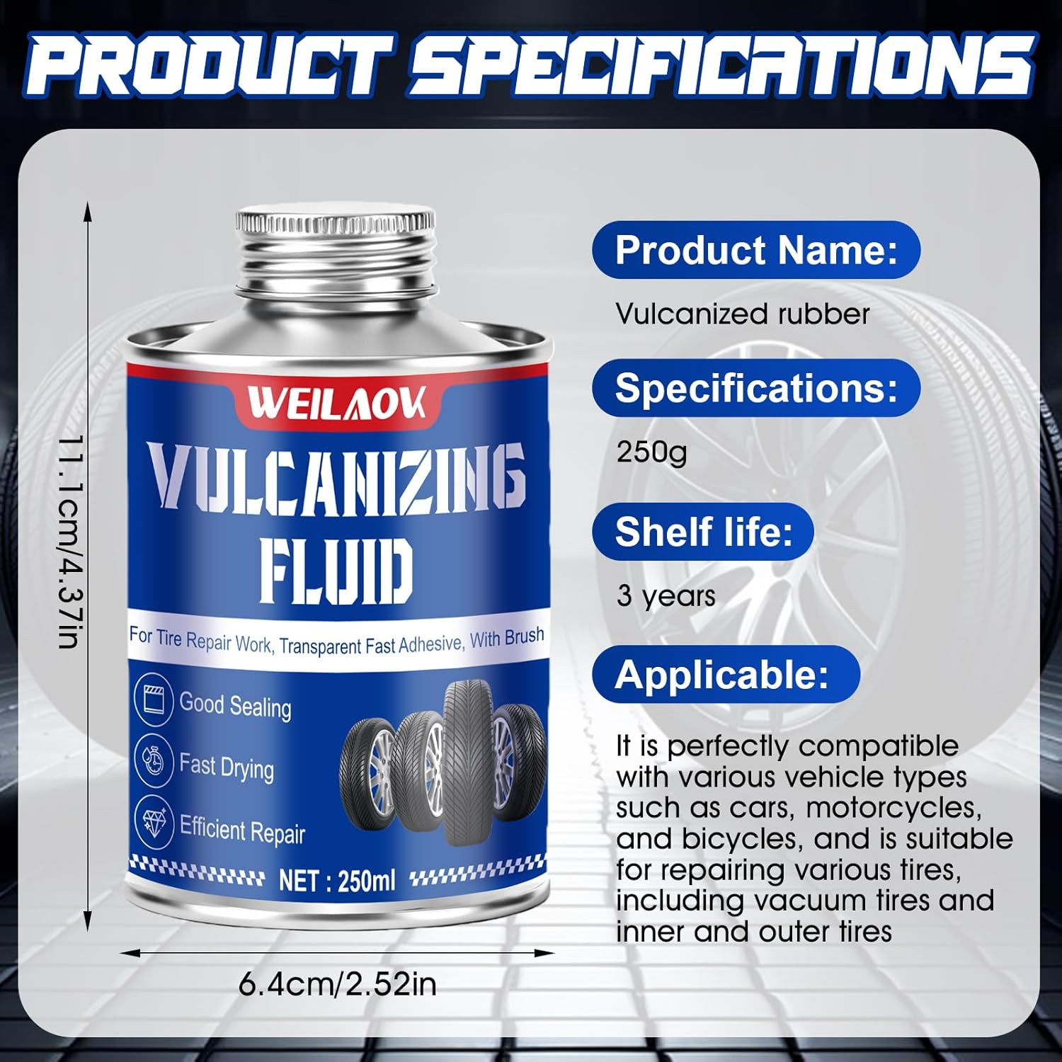 WEILAOK Vulcanising Liquid, Rubber Adhesive with Brush, Tyre Adhesive, Suitable for Quick Repair of Leaks or Cracks on All Tyre Types, 250 Ml image number 1