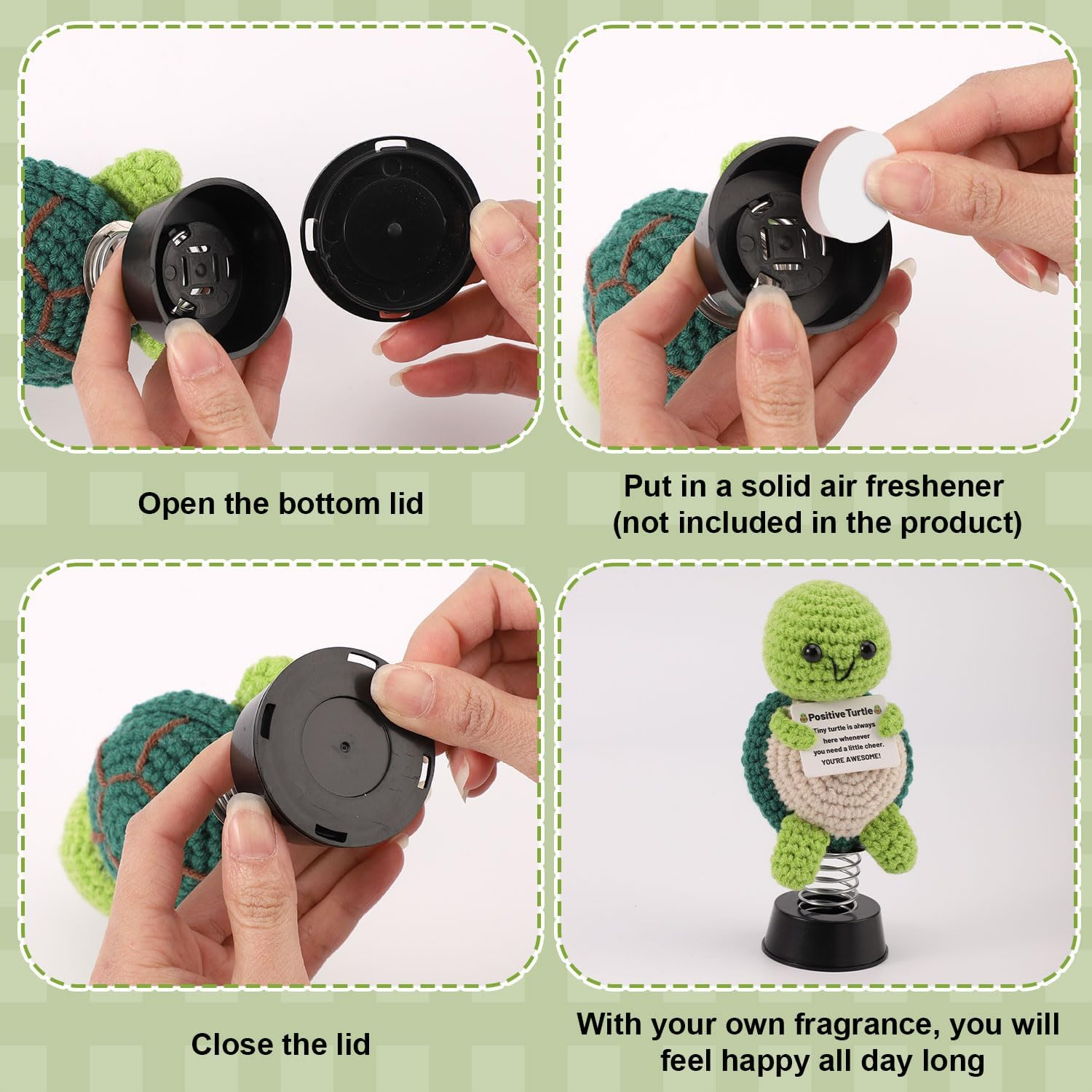 TOYMIS Positive Turtle Crochet, Turtle Car Dashboard Decoration Emotional Doll Support Crocheted Animal Bobblehead for Car Dashboard Ornament Home Office Desktop Decor Inspirational Gift image number 2