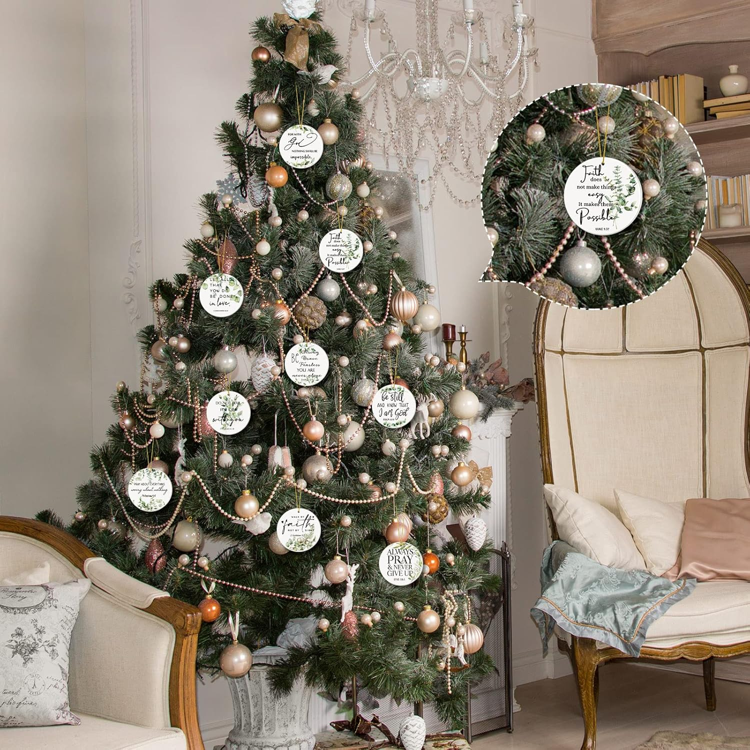 Fumete 18 Pcs Christmas Double Sided Printing Religious Ornaments Bulk Christian Ceramic Hanging Ornaments Bible Verse Inspirational Quote Botanical Plant Green Leaves round Flat Decor Church Gift image number 3