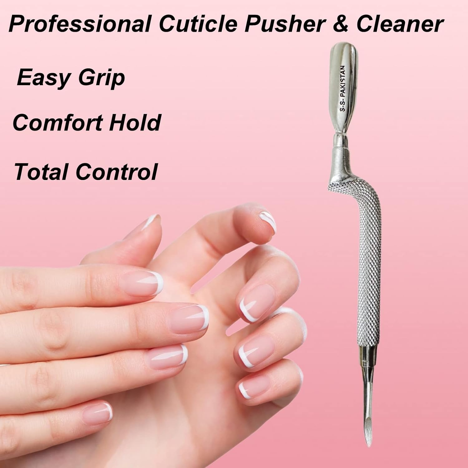 1Pc Comfort Hold Easy Grip Ergonomically Angled Curved Cuticle Pusher Tool Heavy Duty 5" Double Ended Pusher & Cleaner - Premium Pakistan Stainless Steel image number 2