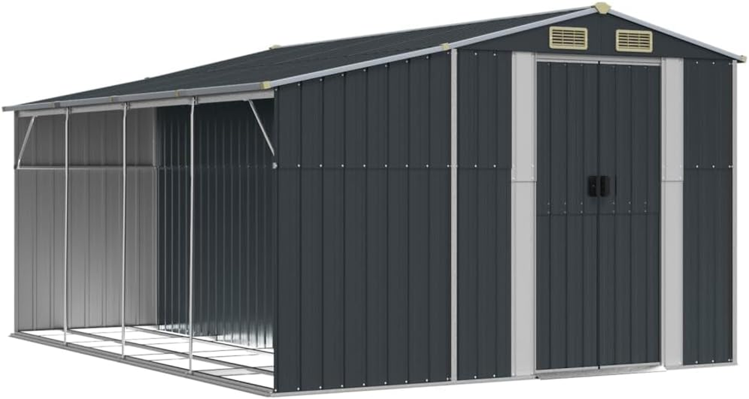 Vidaxl Garden Shed in Anthracite &ndash; Galvanised Steel Outdoor Storage with Air Vents, Sloping Roof, Firewood Stand and Convenient Handles