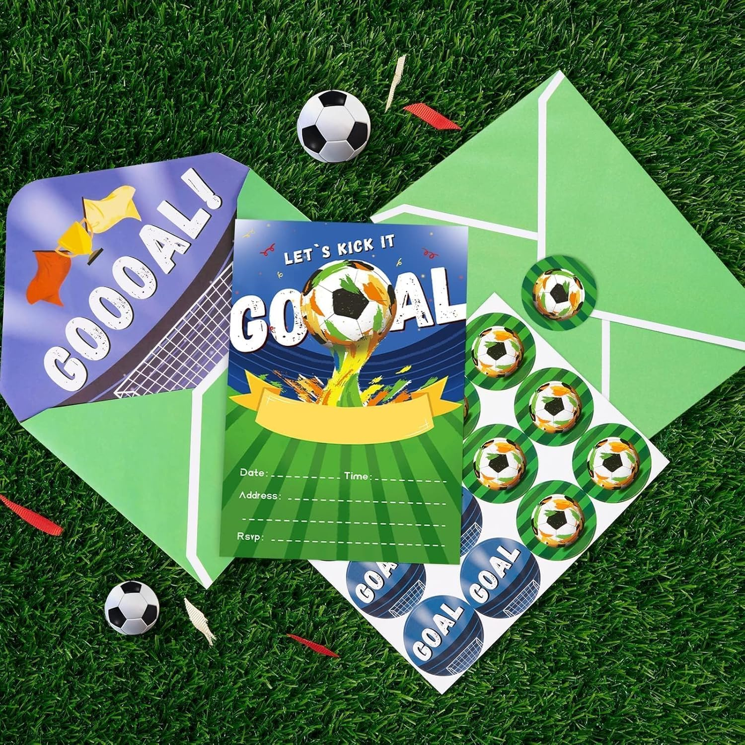 WERNNSAI 24 Set Soccer Birthday Invitations with Envelopes - Soccer Ball Birthday Party Supplies for Kids Boys Football Sport Blank Party Invites Cards with Goal Stickers for Baby Shower Celebration image number 5