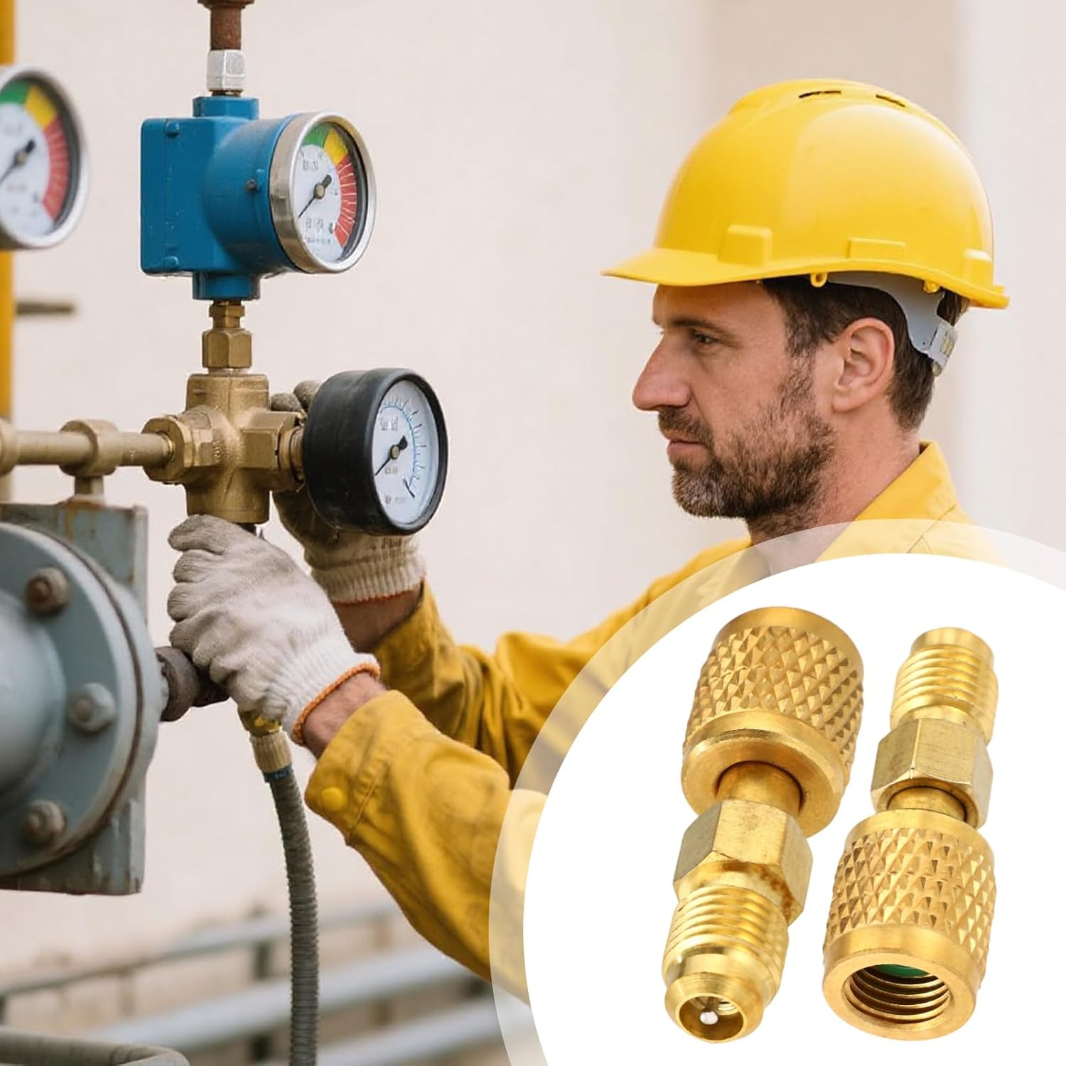 2Pcs R32 R454B Brass Adapter, 1/4" SAE Female to 1/4" SAE Male Reverse Thread Refrigerant Adapter Low Loss Refrigerant Fittings for R32 R454B Tanks Mini Split Systems