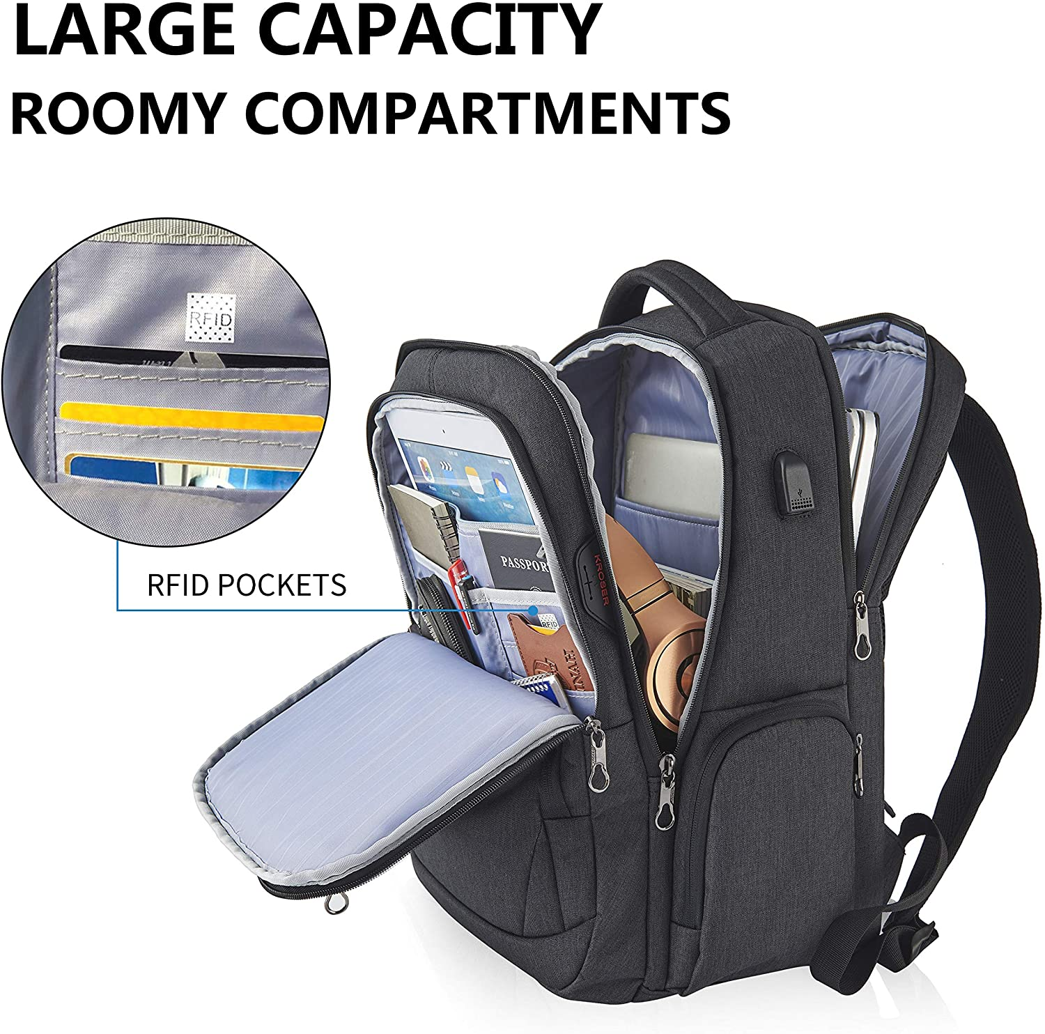 KROSER Travel Laptop Backpack 17.3 Inch Large Computer Backpack Water-Repellent School Daypack with USB Charging Port & Headphone Interface RFID Pockets for Work/Business/College/Men/Women image number 1