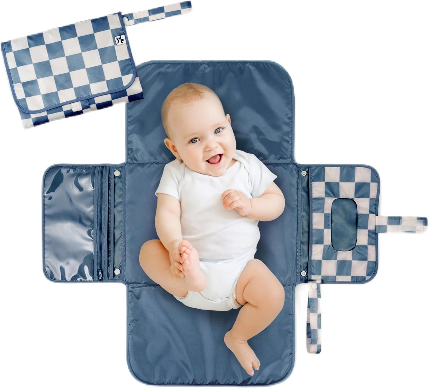 Tiny Twinkle TT-CP-90 Blue Checkers Mat Diaper Pouch, Large Capacity, Large Capacity, Travel Accessories, Diaper Change Sheet, Wipe, Diaper Bag