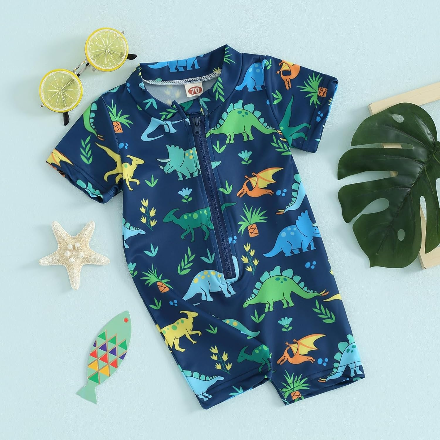 Baby Boy Swimsuits Short Sleeve One Piece Beach Swimwear Zipper Rash Guard Toddler Infant Bathing Suits image number 3