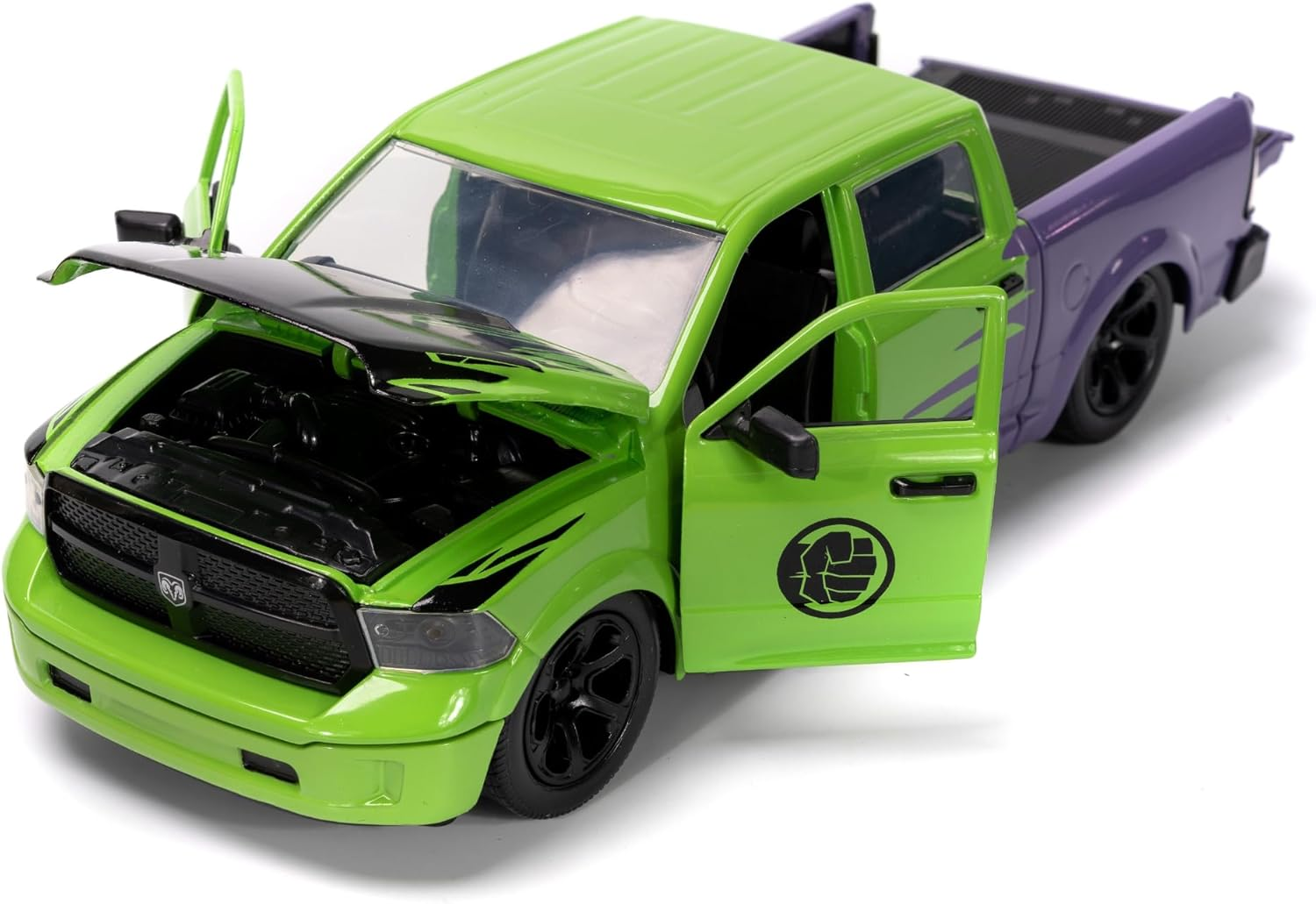 Jada Toys Marvel Avengers - 2014 Dodge Ram 1500 Pickup 1:32 Scale Diecast Model Cars with Hulk Set, Green/Purple