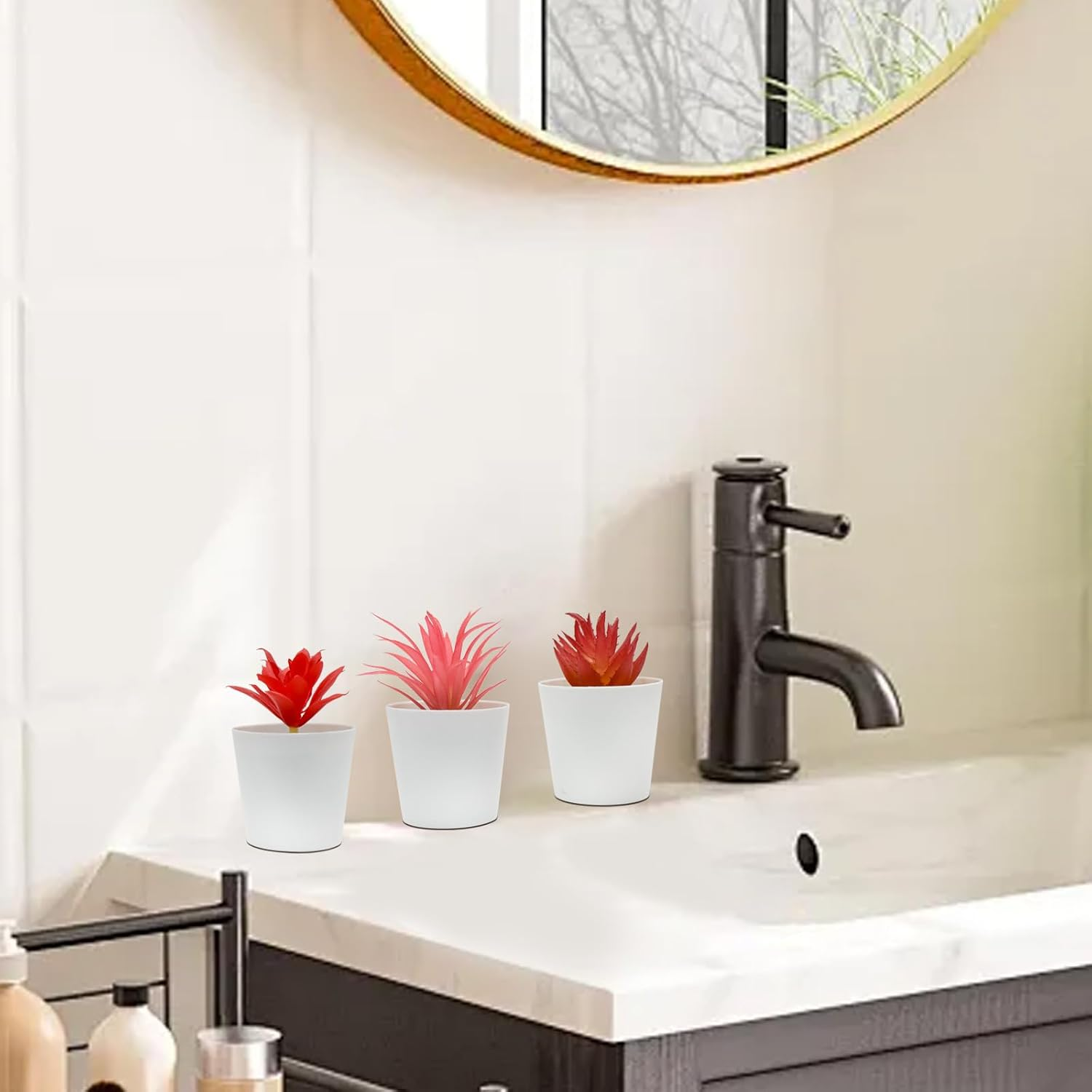 Bacucine Set of 6 Succulents Plants Artificial in Pots Desk Plant Fake Plants Faux Succulents for Bedroom Windowsill Shelf Office Home Decor (Red) - Green Flocking image number 3