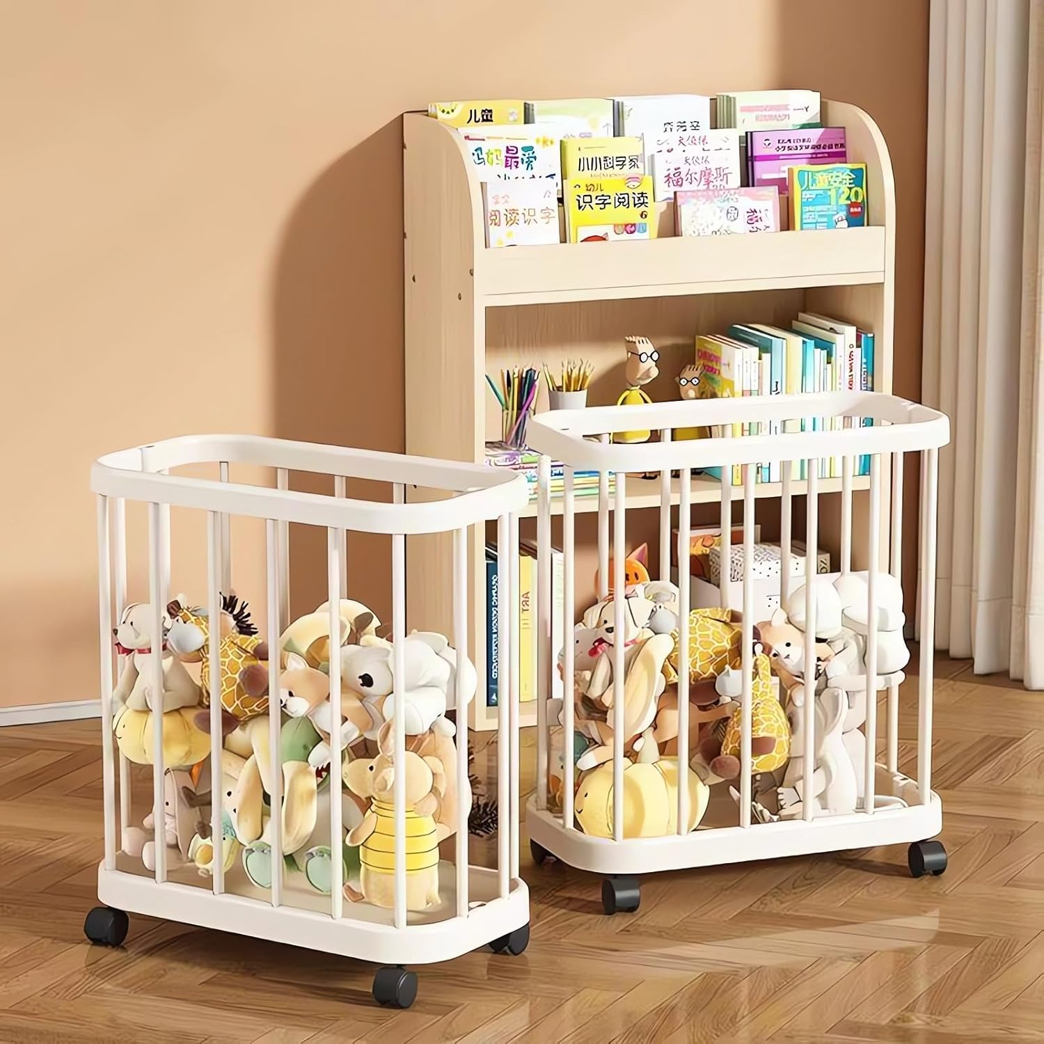 Rolling Storage Basket with Wheels, White Vertical Bar Design, Mobile Storage Cart for Toys, Clothes and Bathroom Essentials image number 5