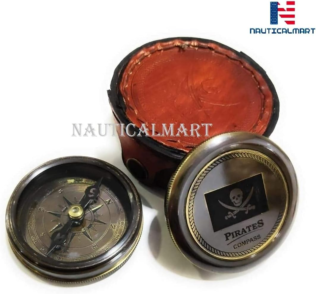 NAUTICALMART Pirates of Caribbean Jack Sparrow 2" Pocket Antique Brass Compass W/Beautiful Leather Case Engraved Gifts Directional Pirate Hiking Travel Camping Compass