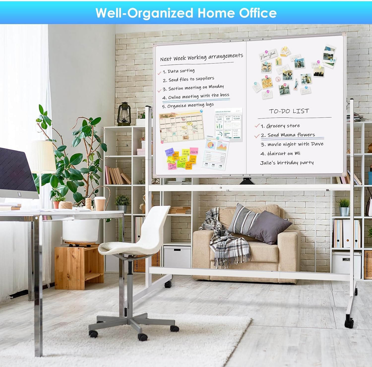 Rolling Whiteboard, 120X90Cm Large Magnetic White Board with Stands, Big Double-Sided White Board Dry Erase on Wheels for Homeschool, Home Office, Office, School image number 2