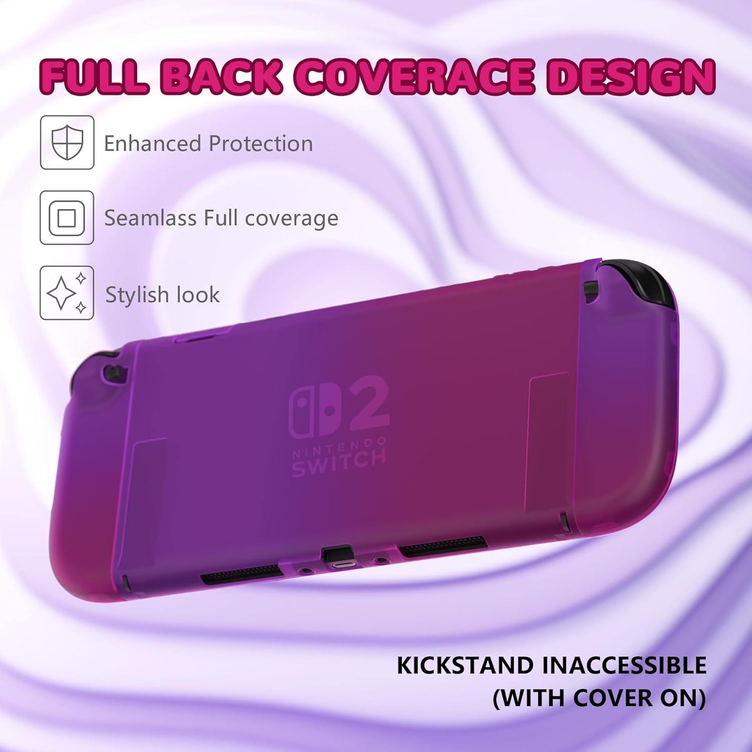 Playvital Clear Series Protective Case for Nintendo Switch 2, Anti-Scratches Hard Shell Dockable Grip Cover with Extra Foldable Stand & Thumb Grips for Nintendo Switch 2 - Clear Atomic Purple Rose - Transparent image number 2